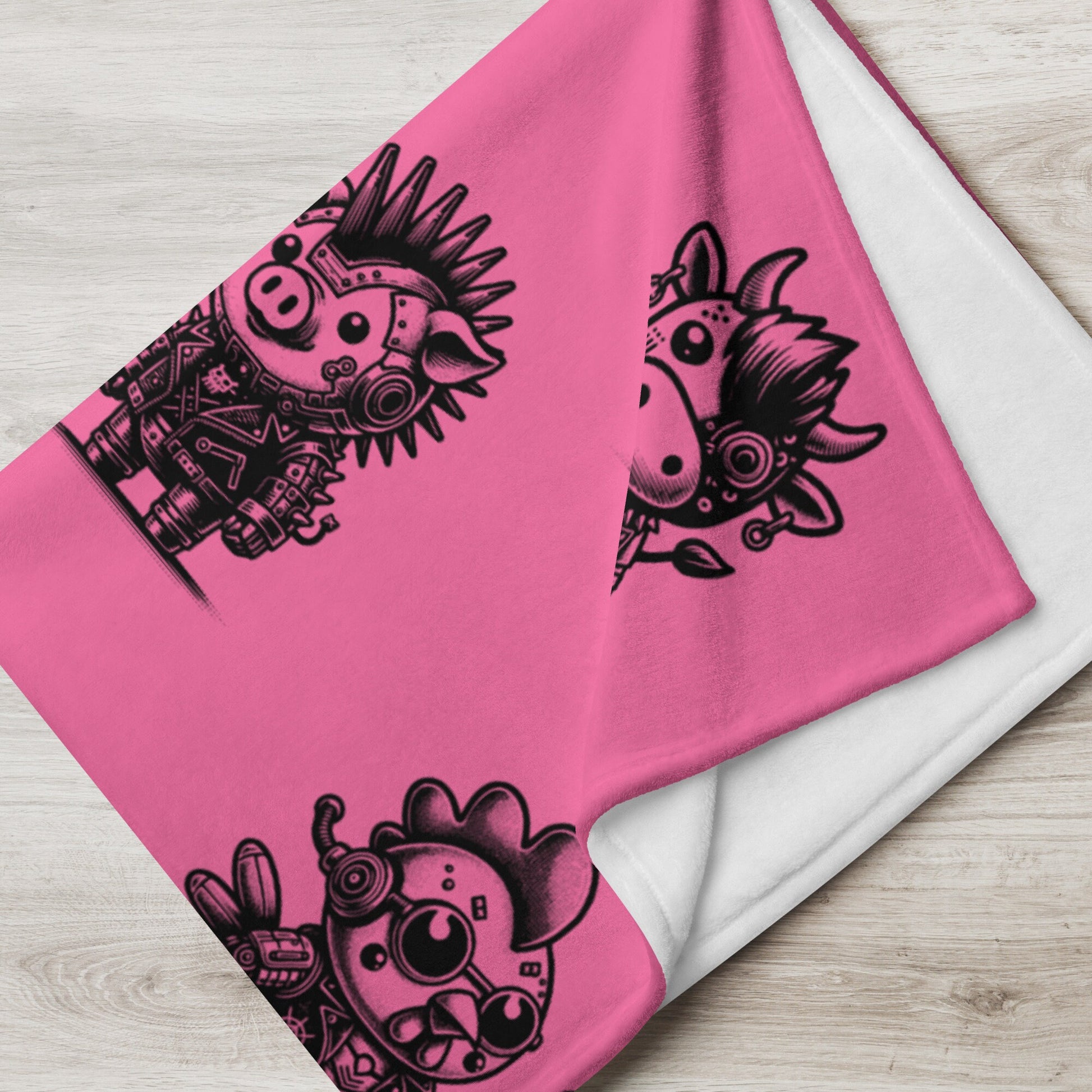 PINK Gothic Cyborg Farm Animals Throw Blanket Steampunk Cow, Chicken, Pig Throw Blanket Grunge Decor