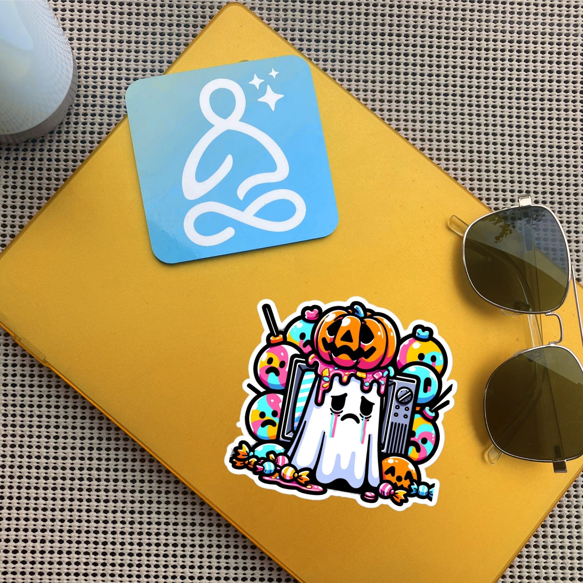Weirdcore Ghost with Pumpkin on Head Television Halloween Vinyl Waterproof Sticker