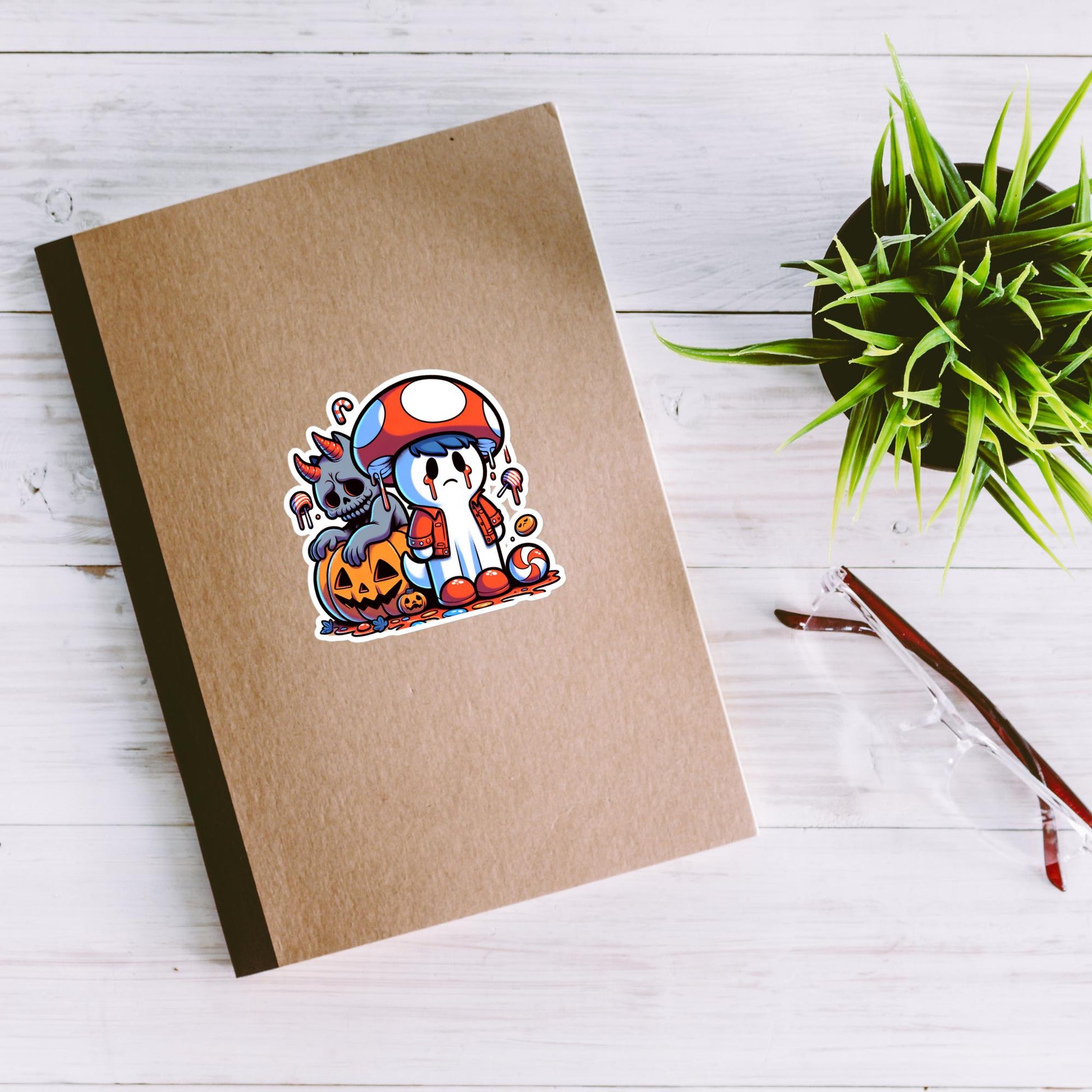 Sticker Weirdcore Ghost with Mushroom hat with Demon Waterproof Vinyl Sticker