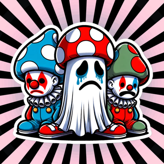 Sticker Sad little Clowns and Ghost with Mushroom Hats Weirdcore Clowncore Waterproof Vinyl Sticker