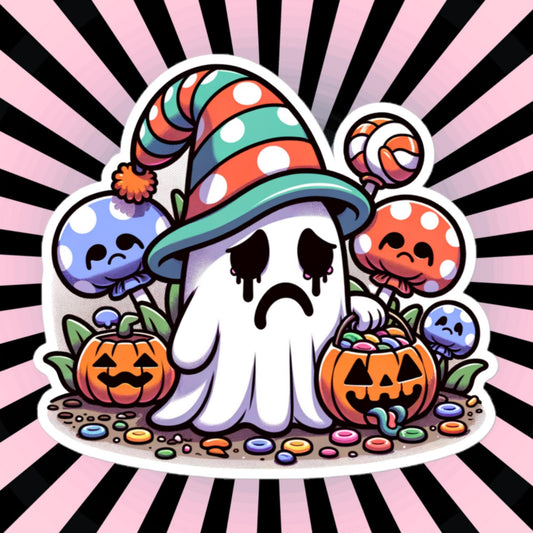 Sticker Depressed Little Halloween Ghost with Candy Waterproof Vinyl Sticker