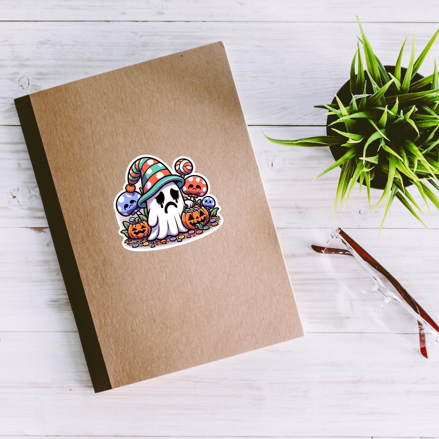 Sticker Depressed Little Halloween Ghost with Candy Waterproof Vinyl Sticker