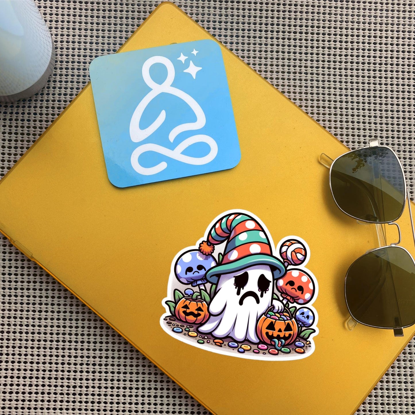 Sticker Depressed Little Halloween Ghost with Candy Waterproof Vinyl Sticker
