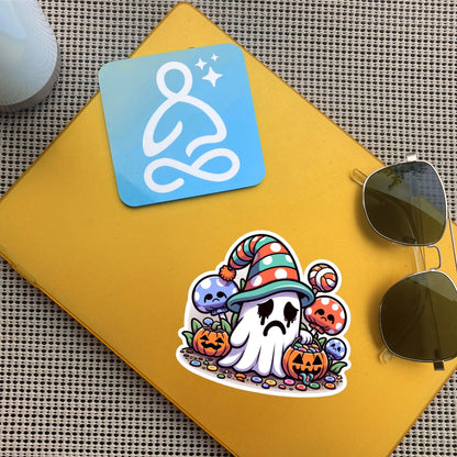 Sticker Depressed Little Halloween Ghost with Candy Waterproof Vinyl Sticker