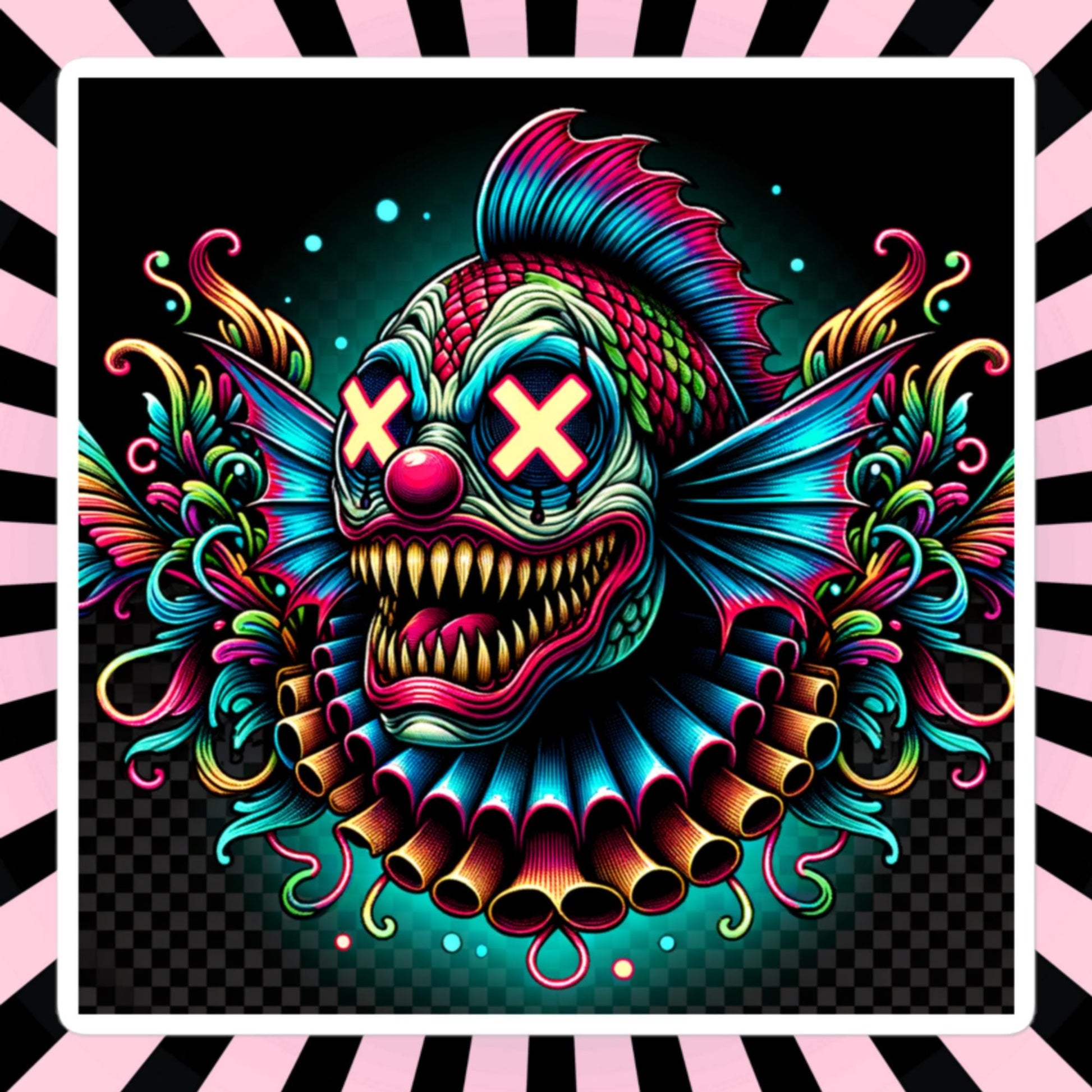 Square Neon Goth Weird Evil Clown Fish Vinyl Sticker Weirdcore Clowncore Creepy Animal Grunge Goth Waterproof Sticker
