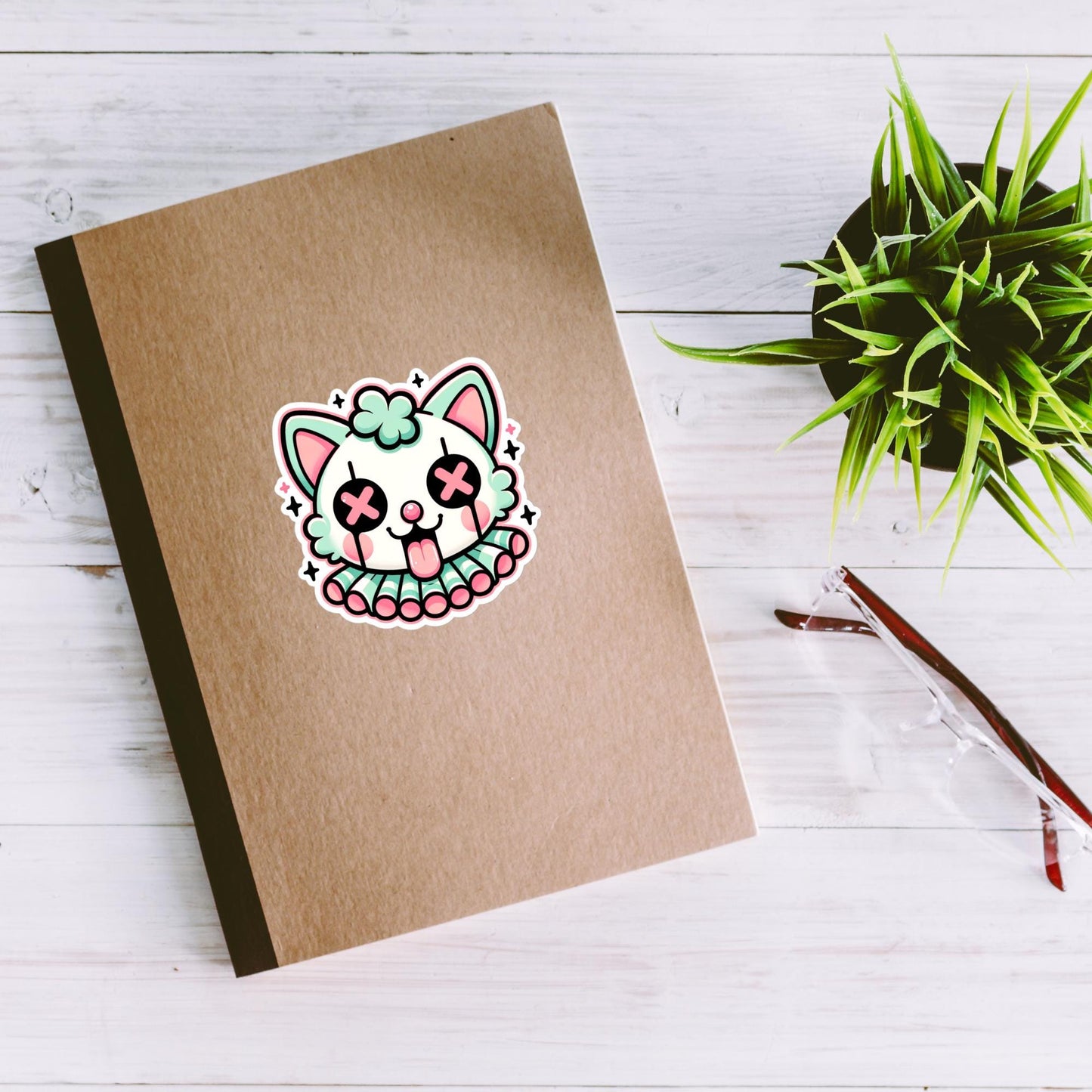 Creepy Cute Weird Clown Kitty Vinyl Sticker Weirdcore Clowncore Pastel Grunge Goth Clown Cat Waterproof Sticker