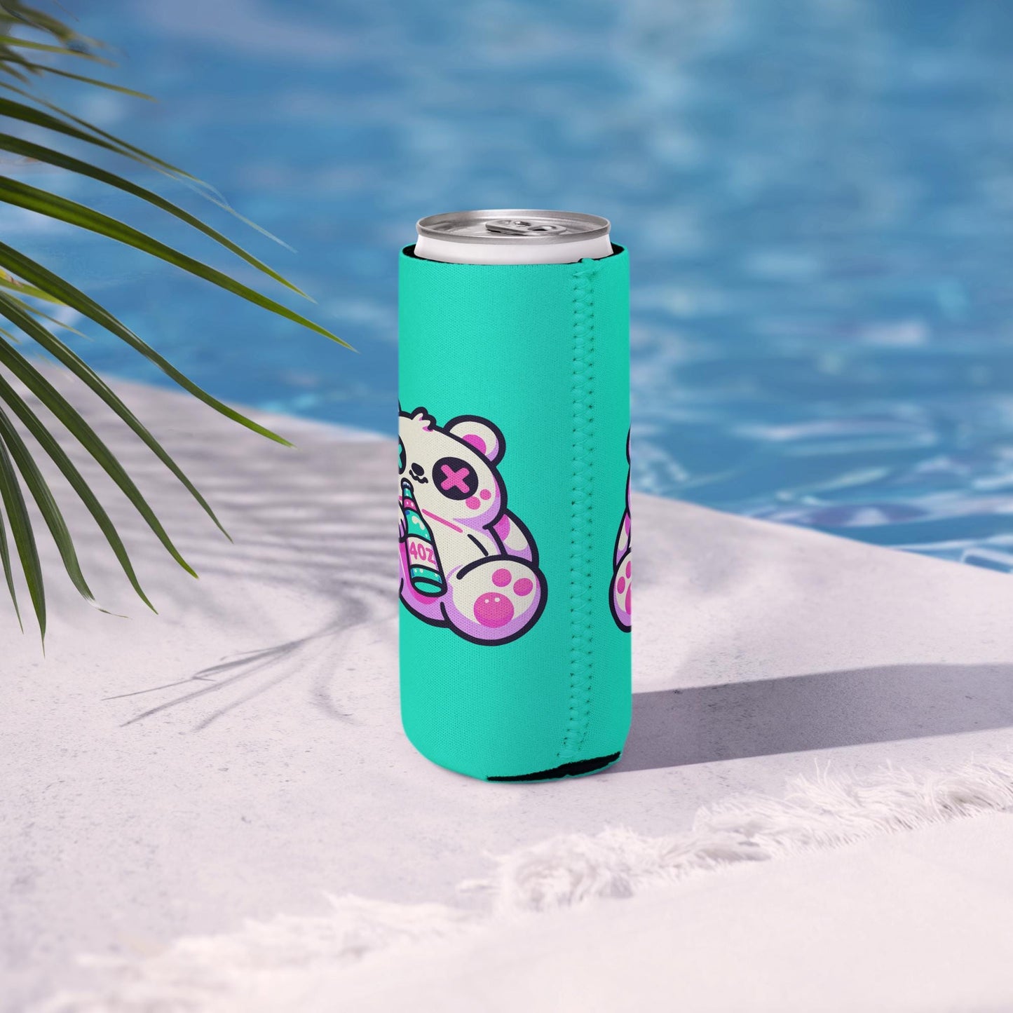Weirdcore Fuzzy & Faded Bear Neon Goth Can Cooler Cozie Weird Grunge Bear Koozie