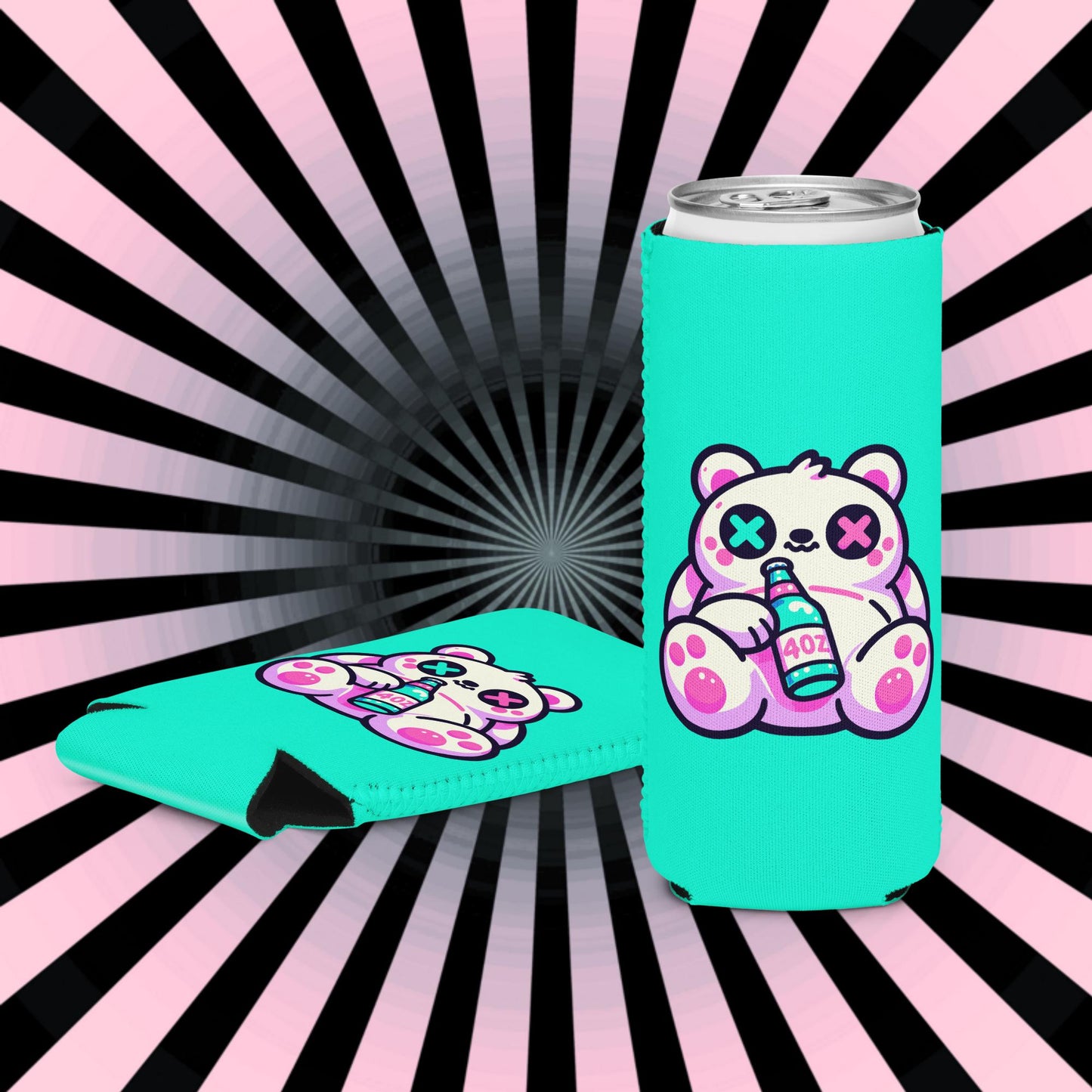 Weirdcore Fuzzy & Faded Bear Neon Goth Can Cooler Cozie Weird Grunge Bear Koozie