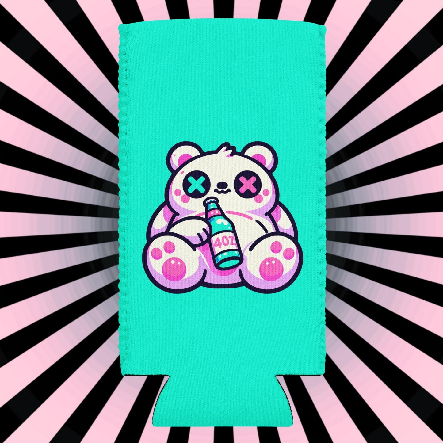Weirdcore Fuzzy & Faded Bear Neon Goth Can Cooler Cozie Weird Grunge Bear Koozie