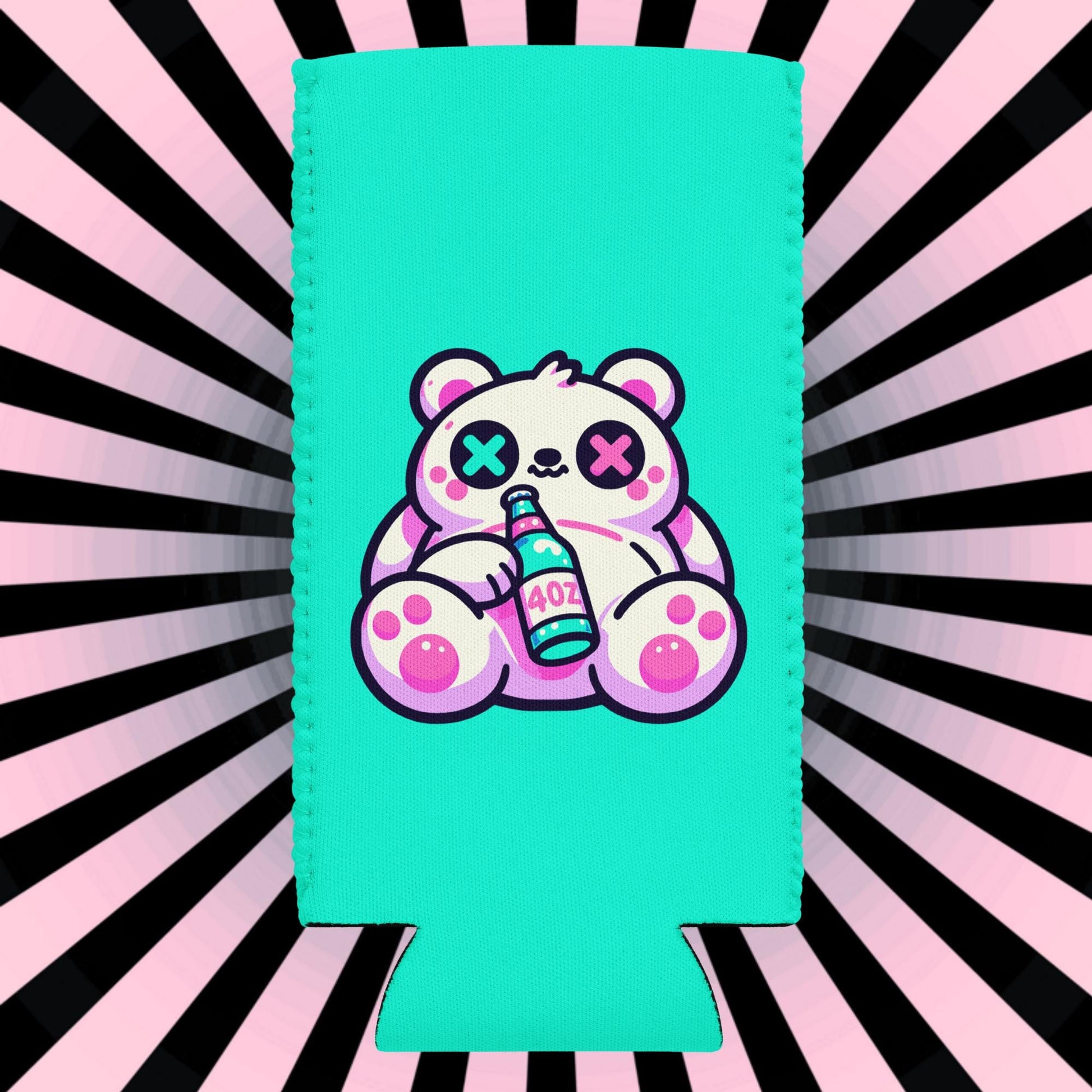 Weirdcore Fuzzy & Faded Bear Neon Goth Can Cooler Cozie Weird Grunge Bear Koozie