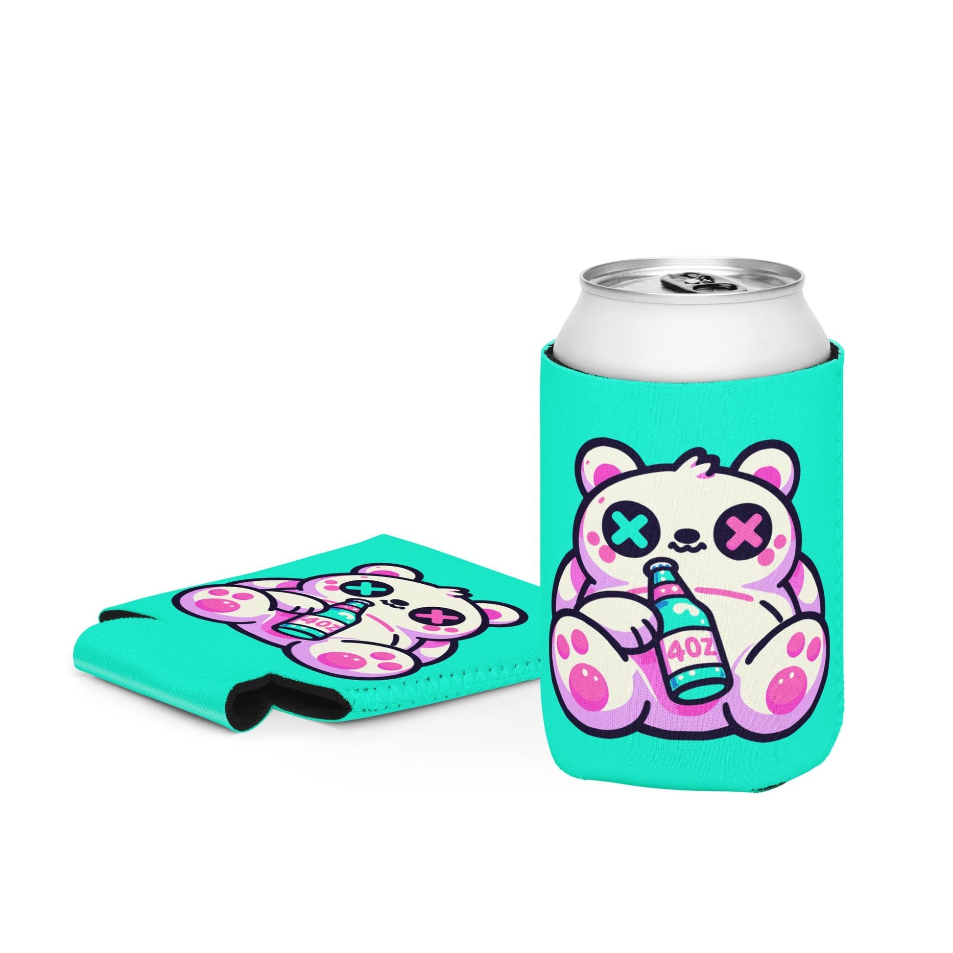 Weirdcore Fuzzy & Faded Bear Neon Goth Can Cooler Cozie Weird Grunge Bear Koozie