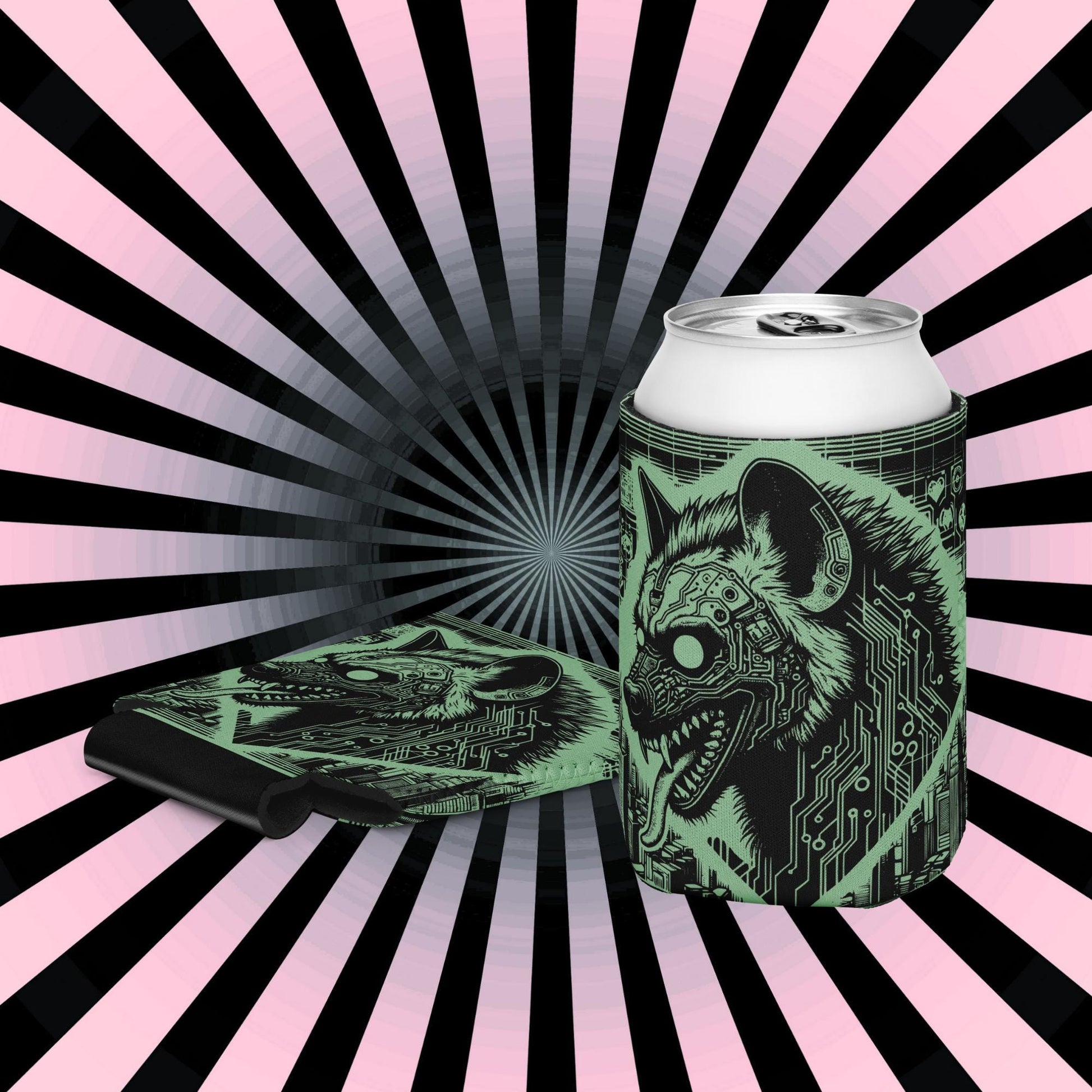 Cyber Hyena Trippy Wired Tech Vision Beer Holder Weirdcore Hyena Coozie