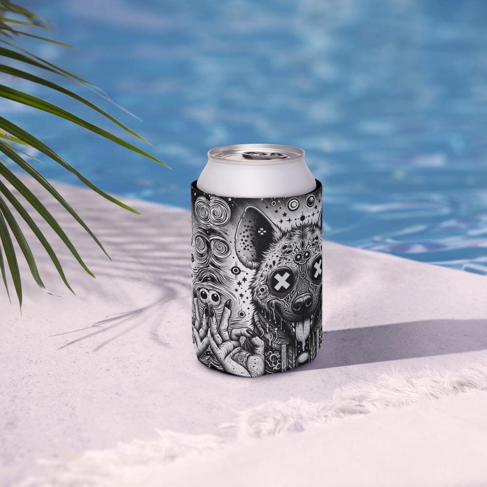 Trippy Psychedelic Gore Weirdcore Hyena Beer Holder Grunge Goth Spotted Hyena Cozie
