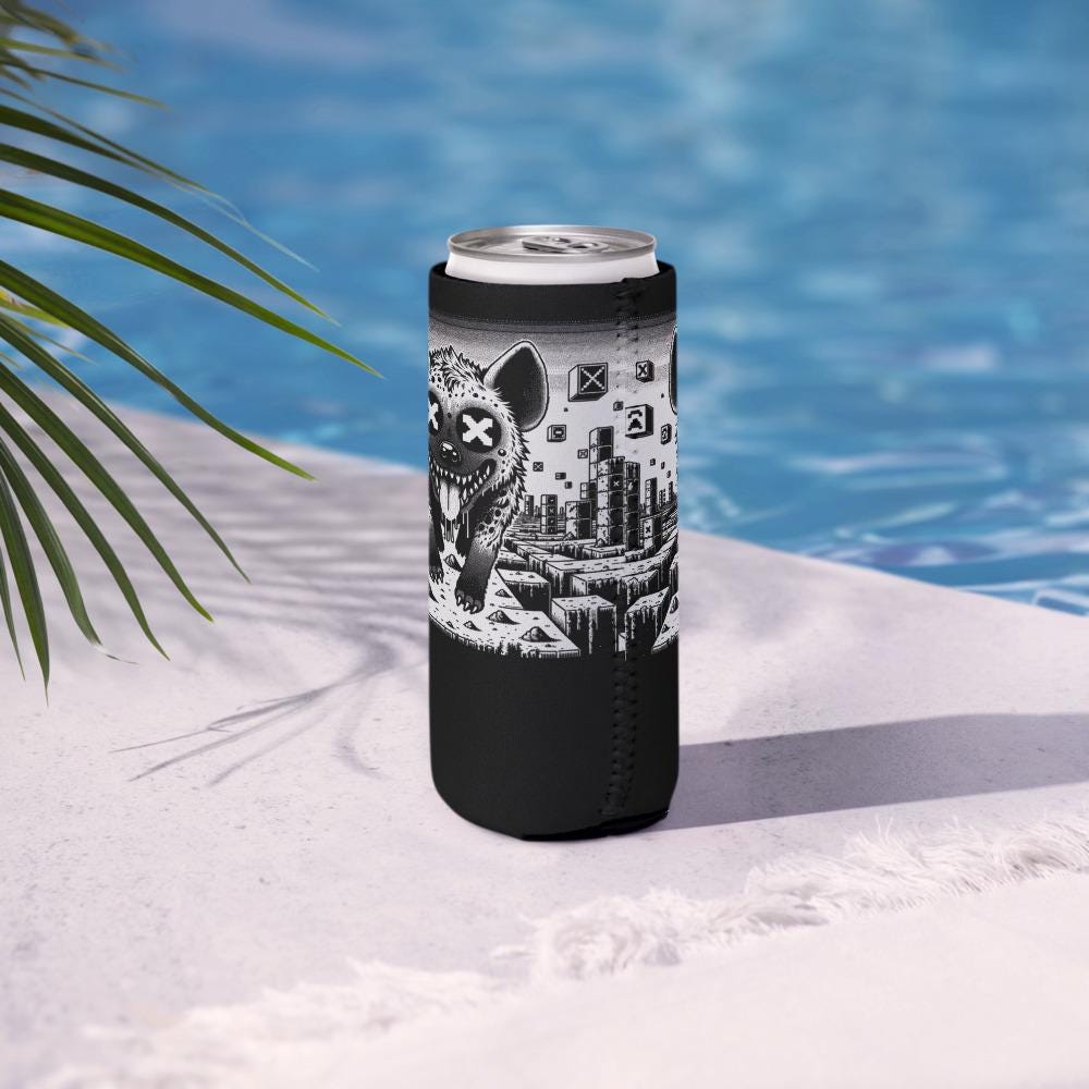 Trippy Psychedelic Gore Weirdcore Hyena Cozie Grunge Goth Spotted Hyena Pixel Art Game Beverage Holder
