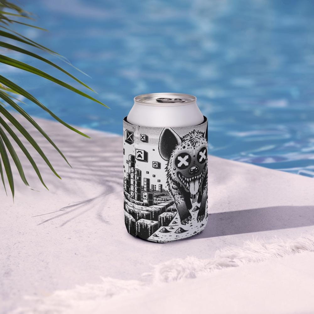 Trippy Psychedelic Gore Weirdcore Hyena Cozie Grunge Goth Spotted Hyena Pixel Art Game Beverage Holder
