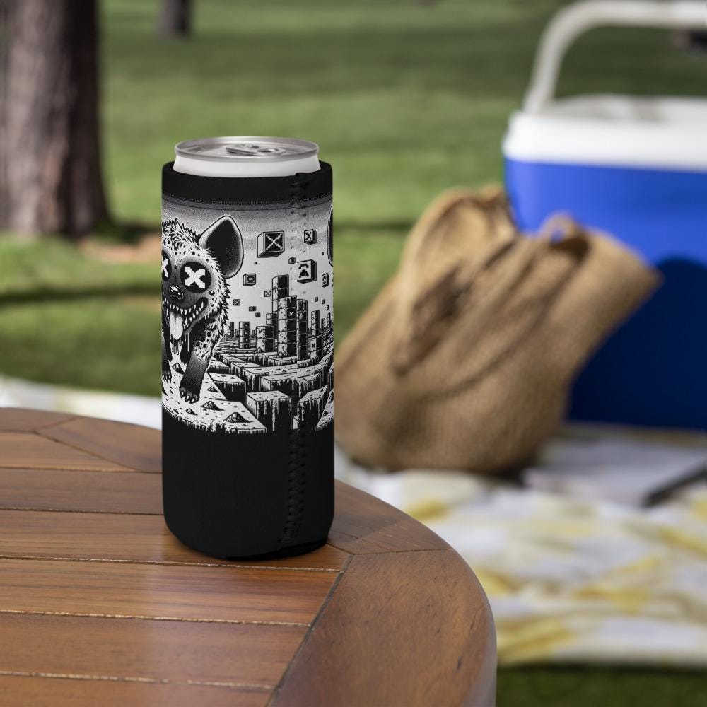 Trippy Psychedelic Gore Weirdcore Hyena Cozie Grunge Goth Spotted Hyena Pixel Art Game Beverage Holder