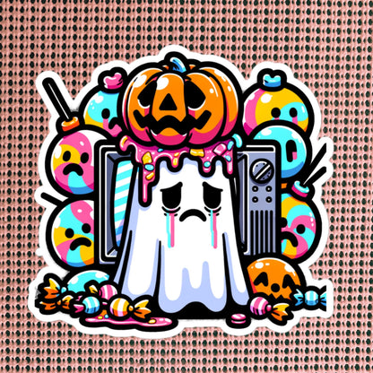 Weirdcore Ghost with Pumpkin on Head Television Halloween Vinyl Waterproof Sticker