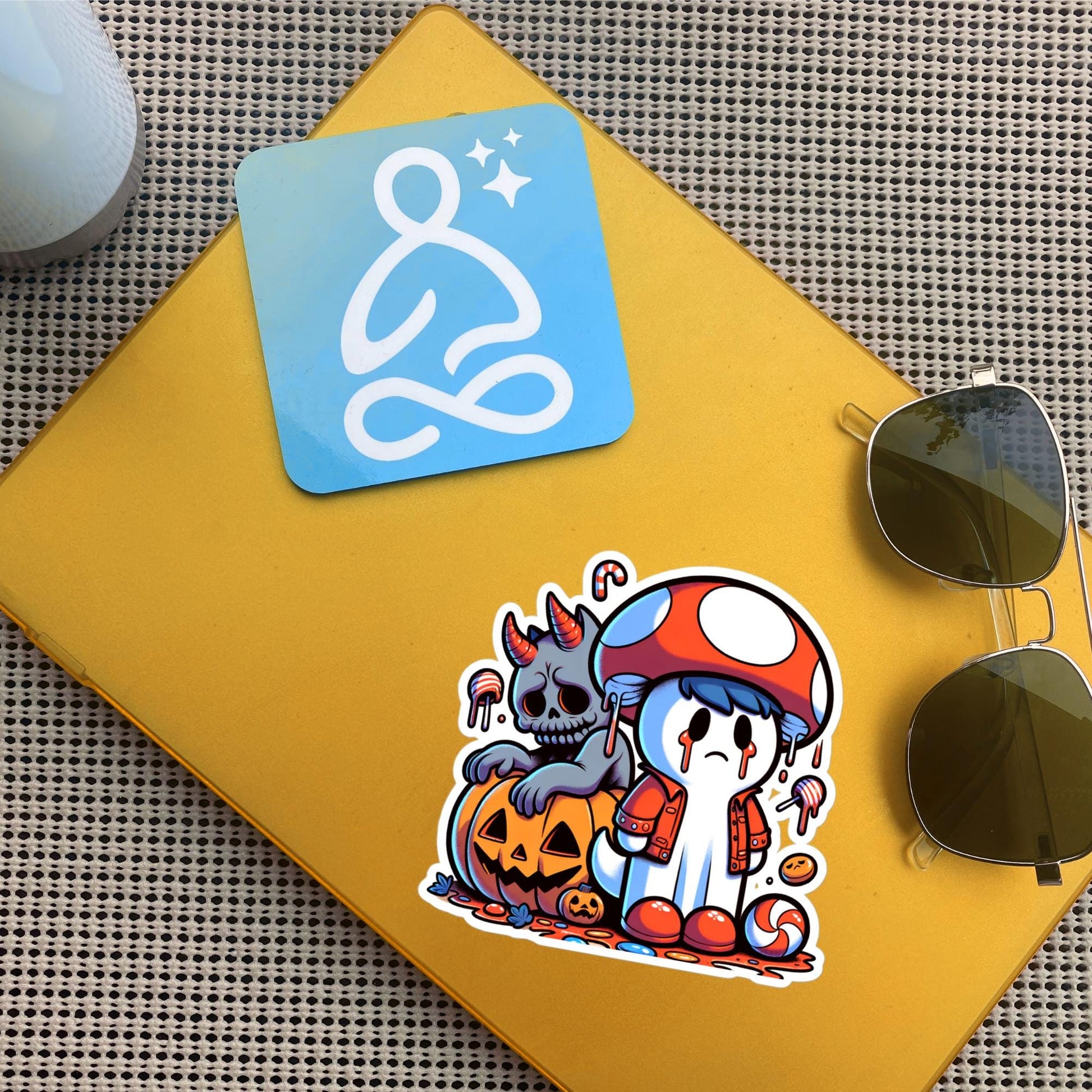 Sticker Weirdcore Ghost with Mushroom hat with Demon Waterproof Vinyl Sticker
