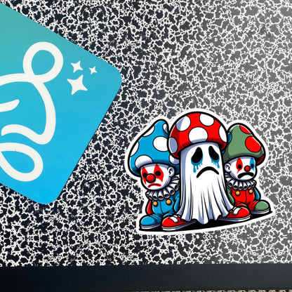 Sticker Sad little Clowns and Ghost with Mushroom Hats Weirdcore Clowncore Waterproof Vinyl Sticker