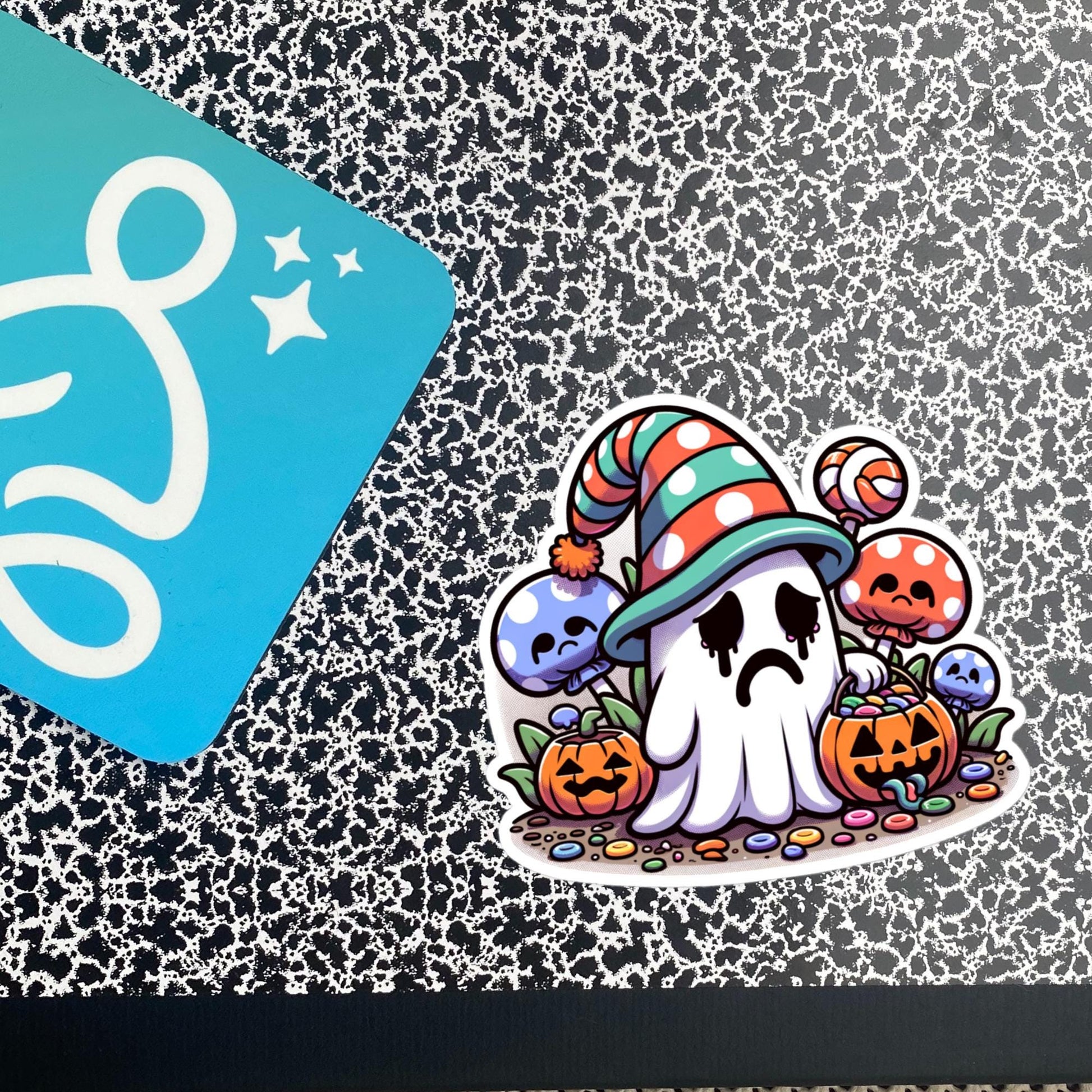 Sticker Depressed Little Halloween Ghost with Candy Waterproof Vinyl Sticker