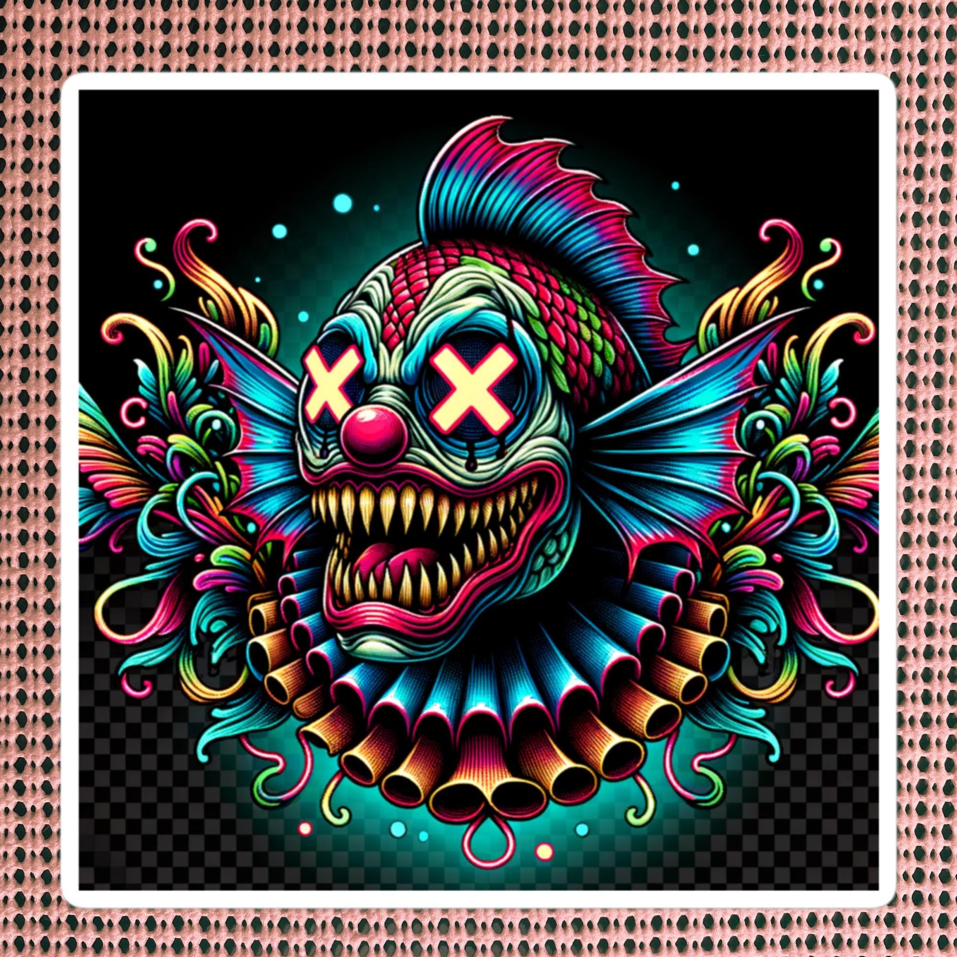 Square Neon Goth Weird Evil Clown Fish Vinyl Sticker Weirdcore Clowncore Creepy Animal Grunge Goth Waterproof Sticker