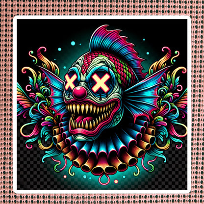 Square Neon Goth Weird Evil Clown Fish Vinyl Sticker Weirdcore Clowncore Creepy Animal Grunge Goth Waterproof Sticker