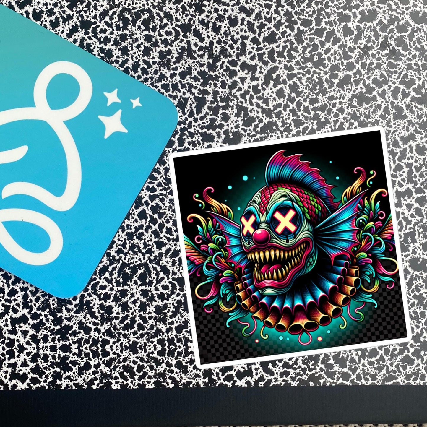 Square Neon Goth Weird Evil Clown Fish Vinyl Sticker Weirdcore Clowncore Creepy Animal Grunge Goth Waterproof Sticker