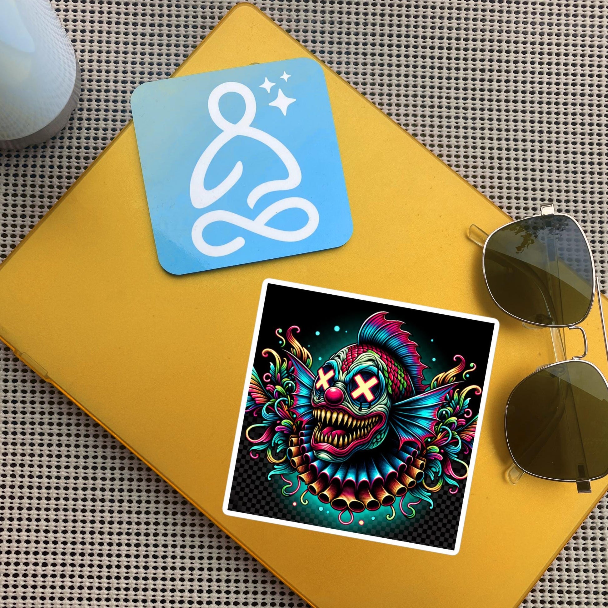 Square Neon Goth Weird Evil Clown Fish Vinyl Sticker Weirdcore Clowncore Creepy Animal Grunge Goth Waterproof Sticker