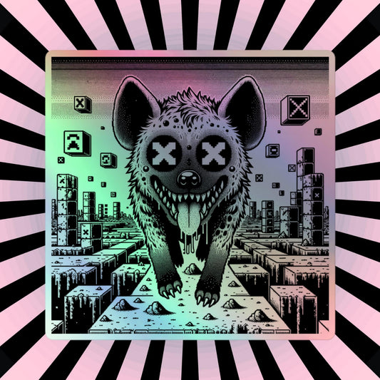 Creepy Cute Pixel Hyena Hologram Sticker Dystopian Futuristic Retro Game Holographic sticker