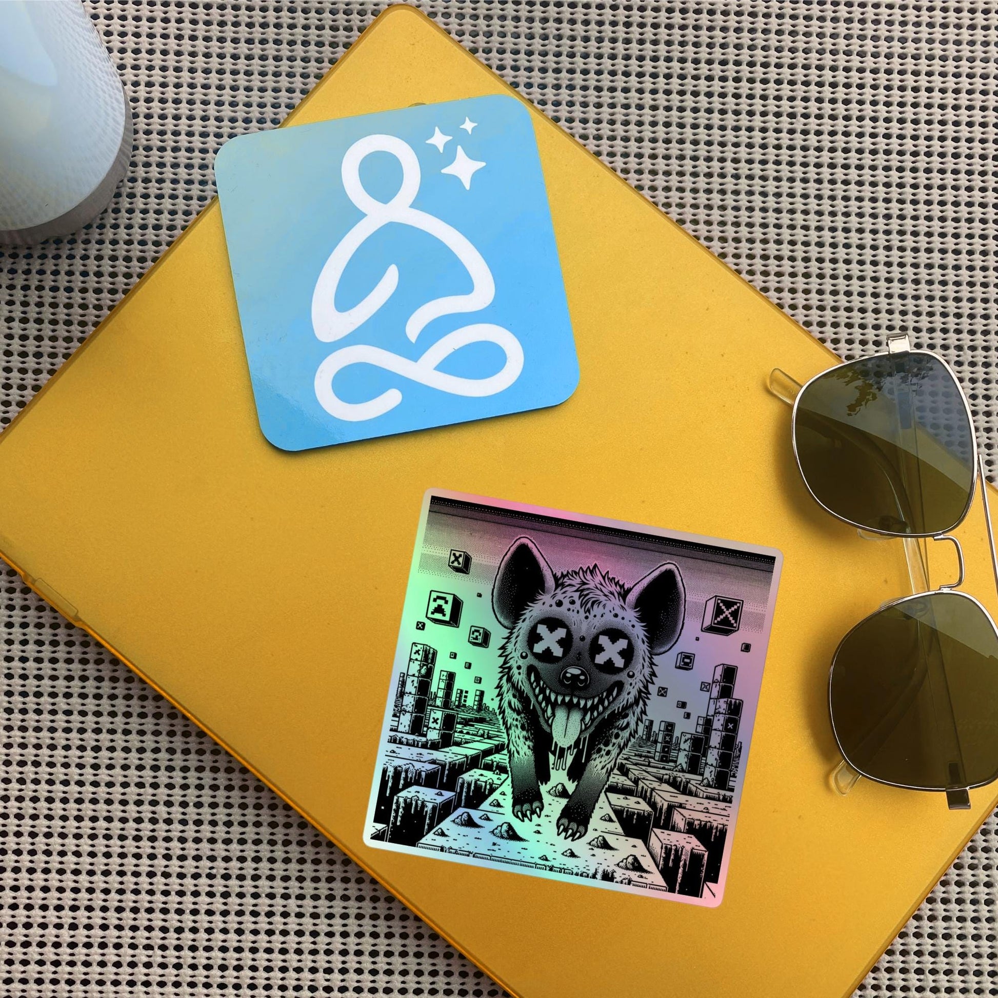 Creepy Cute Pixel Hyena Hologram Sticker Dystopian Futuristic Retro Game Holographic sticker