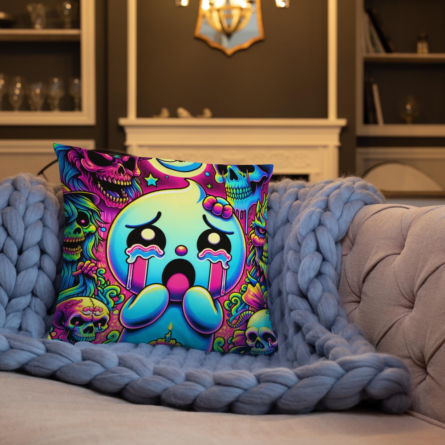 Creepy Cute Frightened Ghoul Decorative Pillow Neon Goth Grunge Weirdcore Halloween Throw Pillow