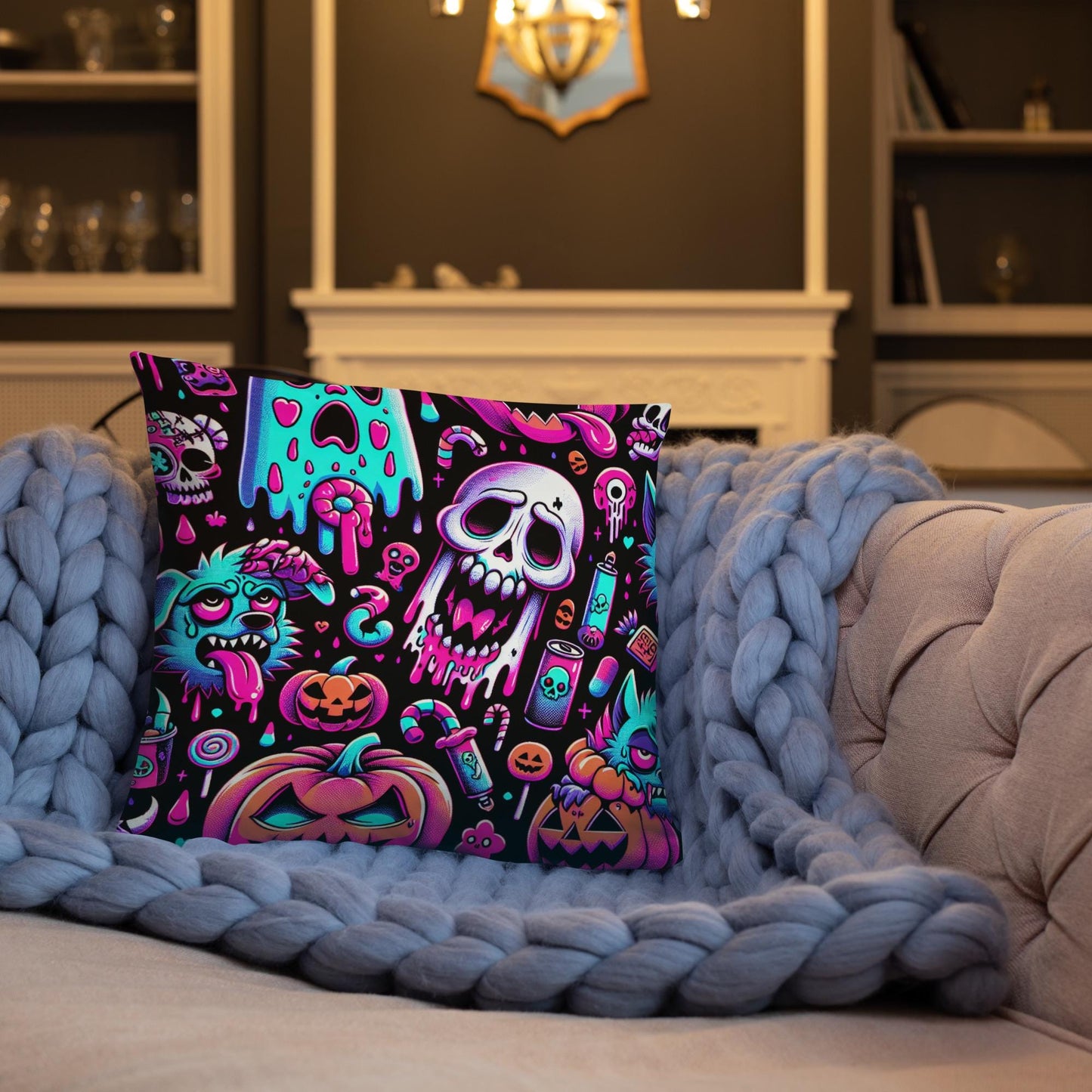 Weirdcore Bubble Neon Goth Ghost Throw Pillow Candy Goth Horror Halloween Decorative Pillow