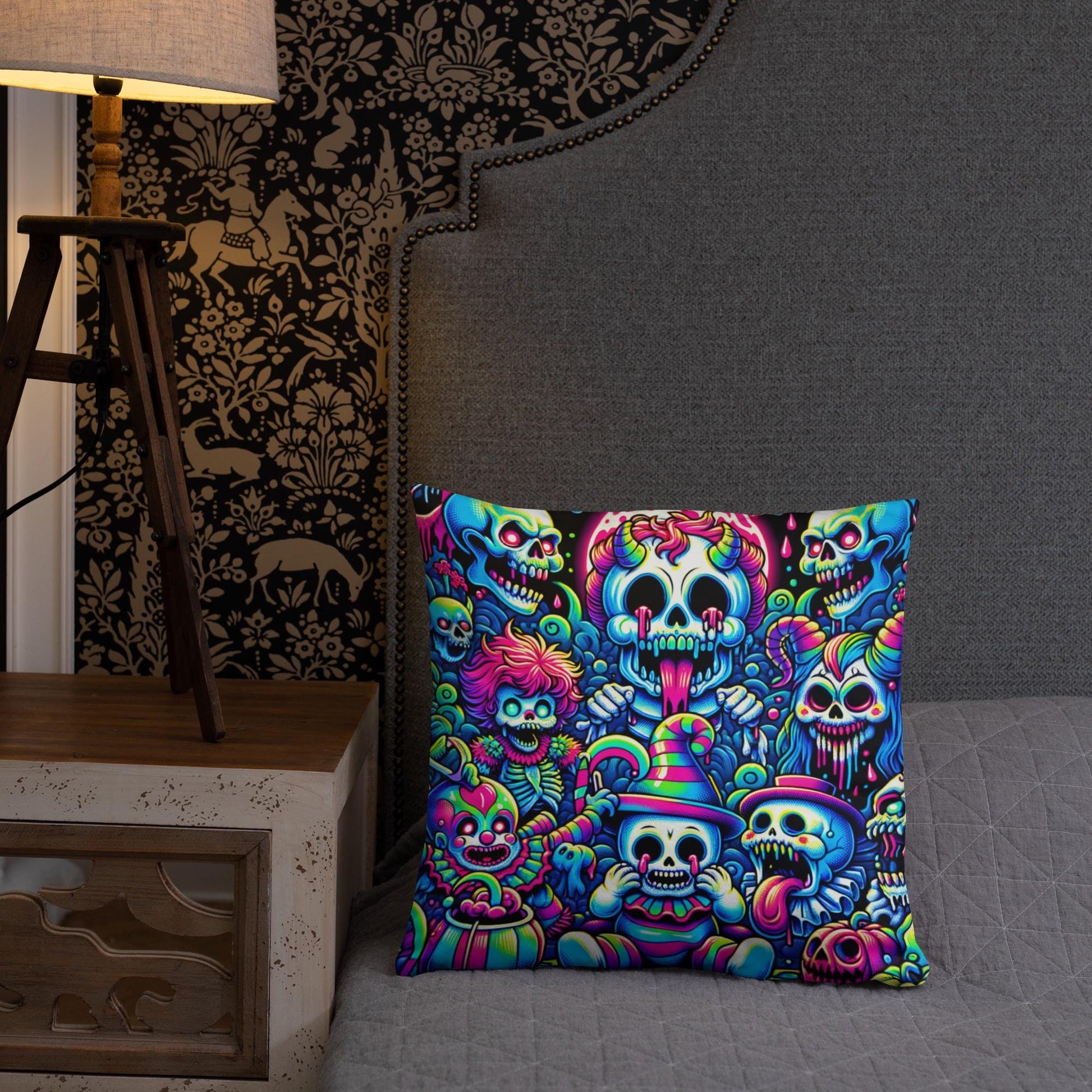 Creepy Cute Weirdcore Clown Sugar Skulls Skeleton and Ghost Decorative Throw Pillow