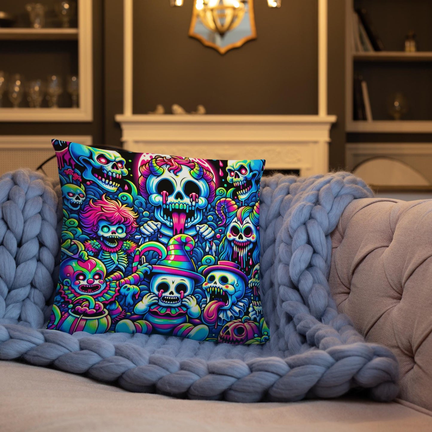 Creepy Cute Weirdcore Clown Sugar Skulls Skeleton and Ghost Decorative Throw Pillow