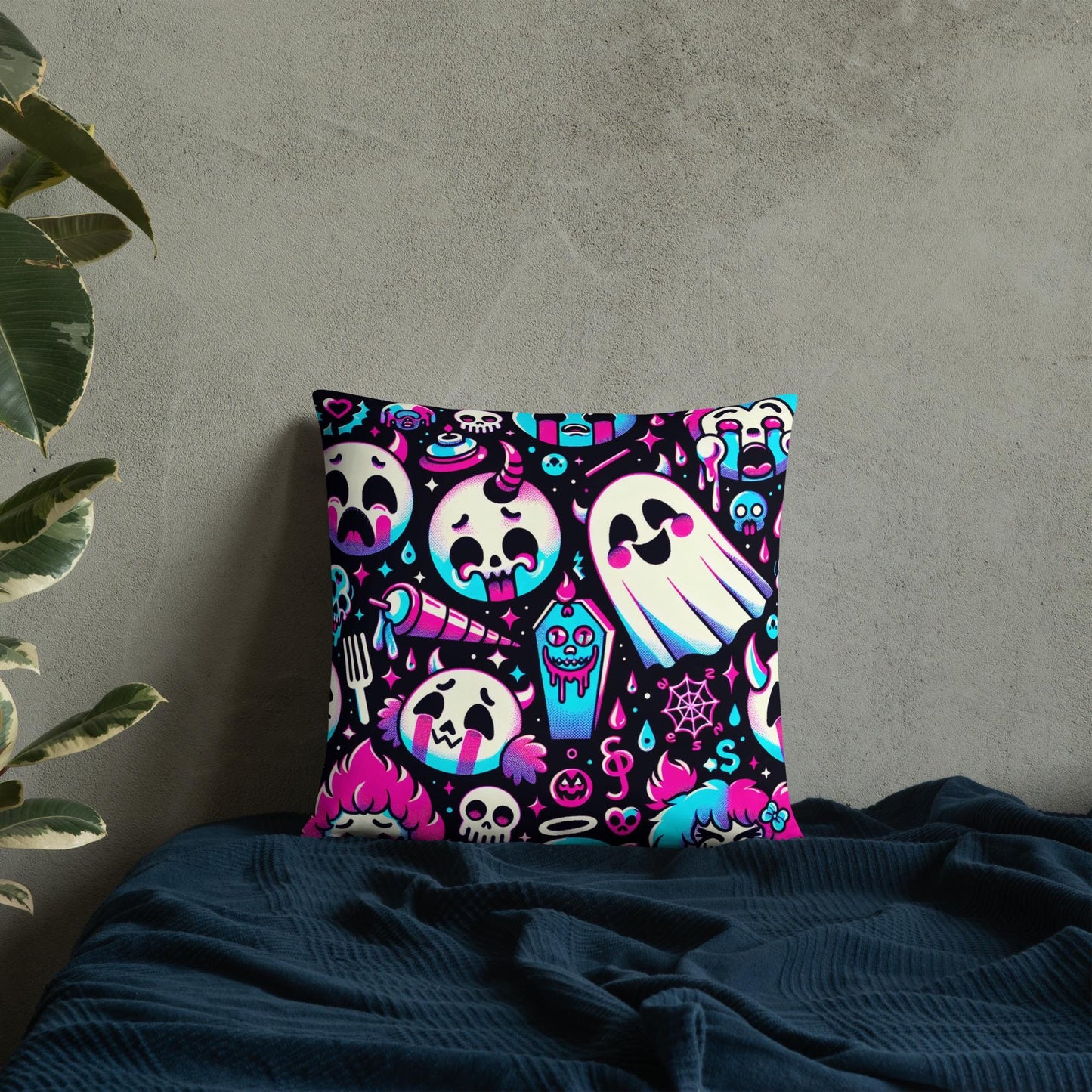 Creepy Cute Ghosts Coffin Bubble Goth Throw Pillow Neon Gothic Weirdcore Decorative Pillow