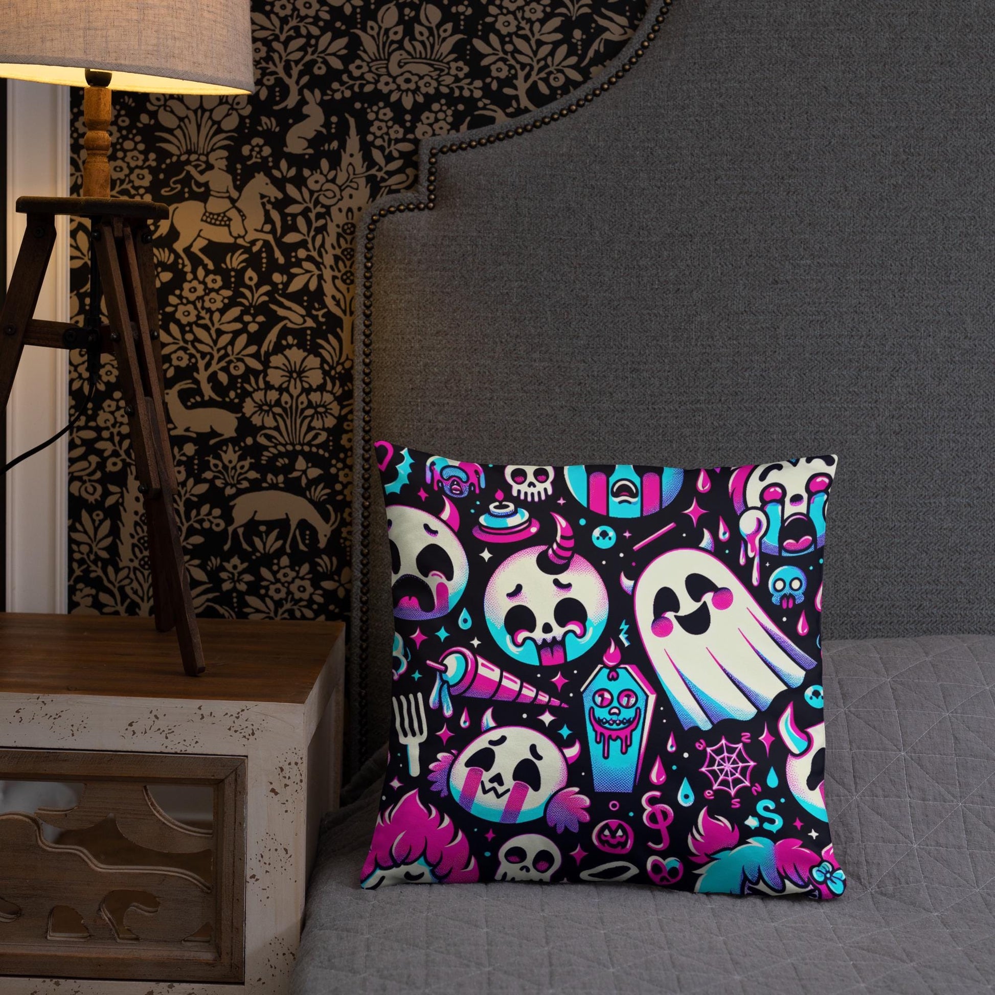 Creepy Cute Ghosts Coffin Bubble Goth Throw Pillow Neon Gothic Weirdcore Decorative Pillow