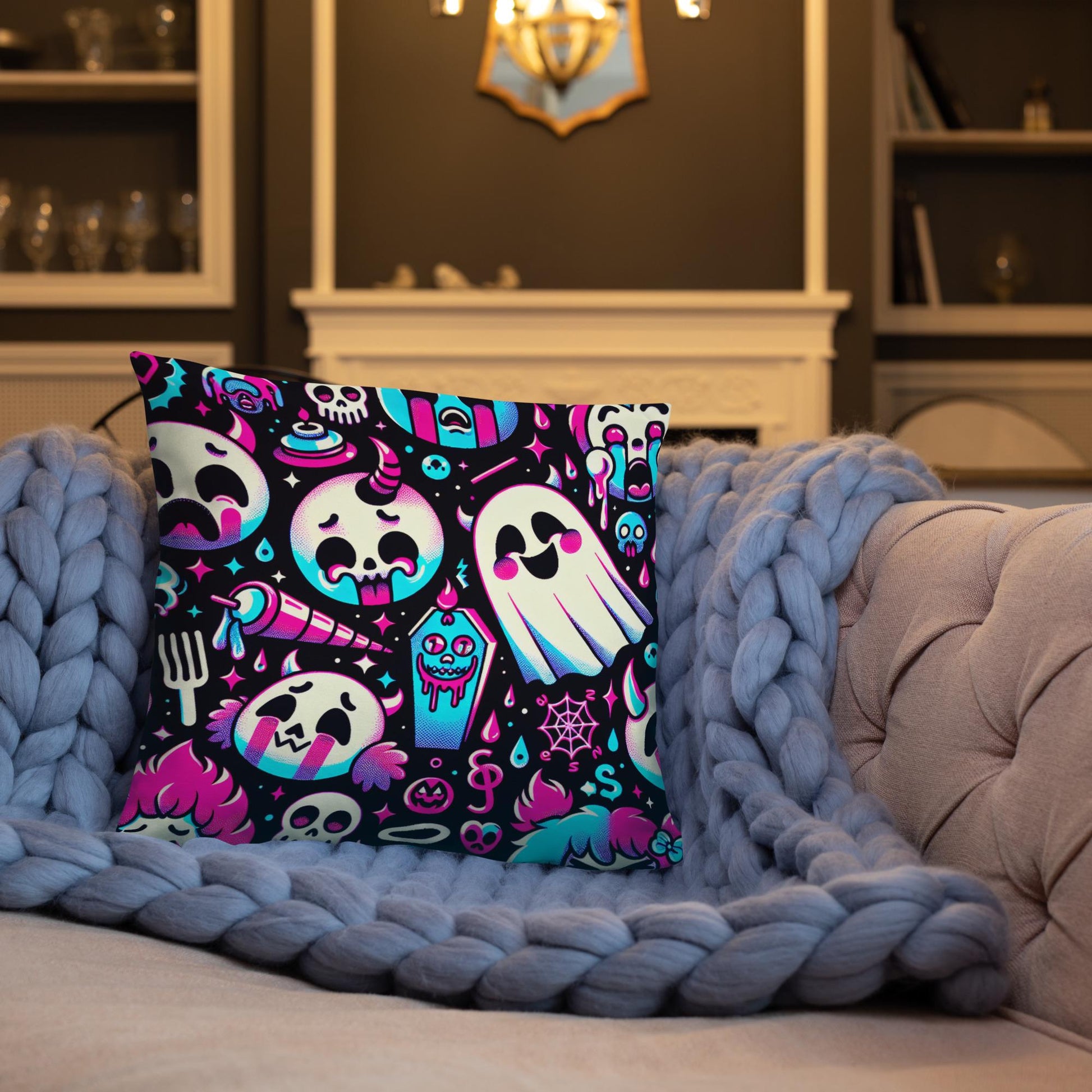 Creepy Cute Ghosts Coffin Bubble Goth Throw Pillow Neon Gothic Weirdcore Decorative Pillow