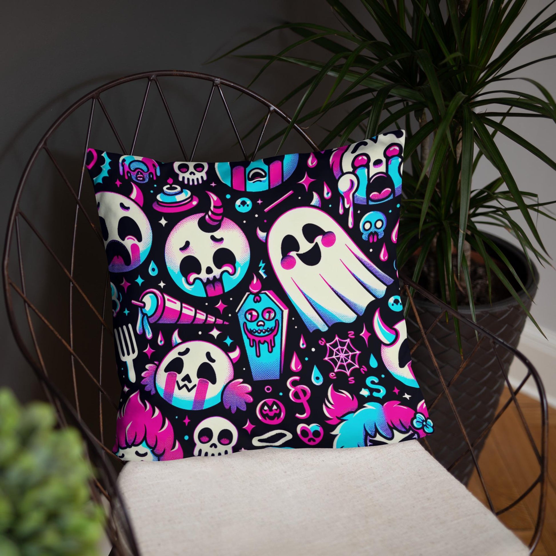 Creepy Cute Ghosts Coffin Bubble Goth Throw Pillow Neon Gothic Weirdcore Decorative Pillow