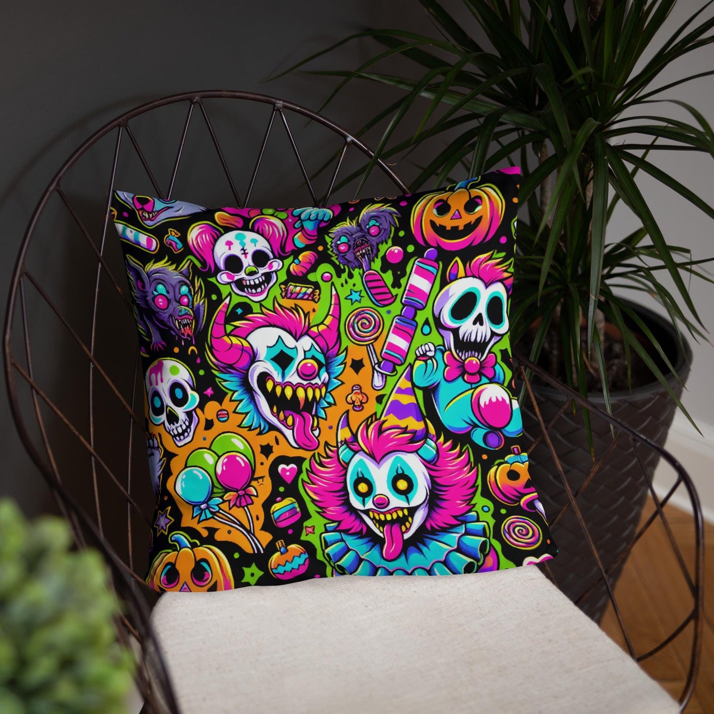 Creepy Candy Goth Clowns Horror Throw Pillow Bubble Gore Neon Goth Weirdcore Decorative Pillow