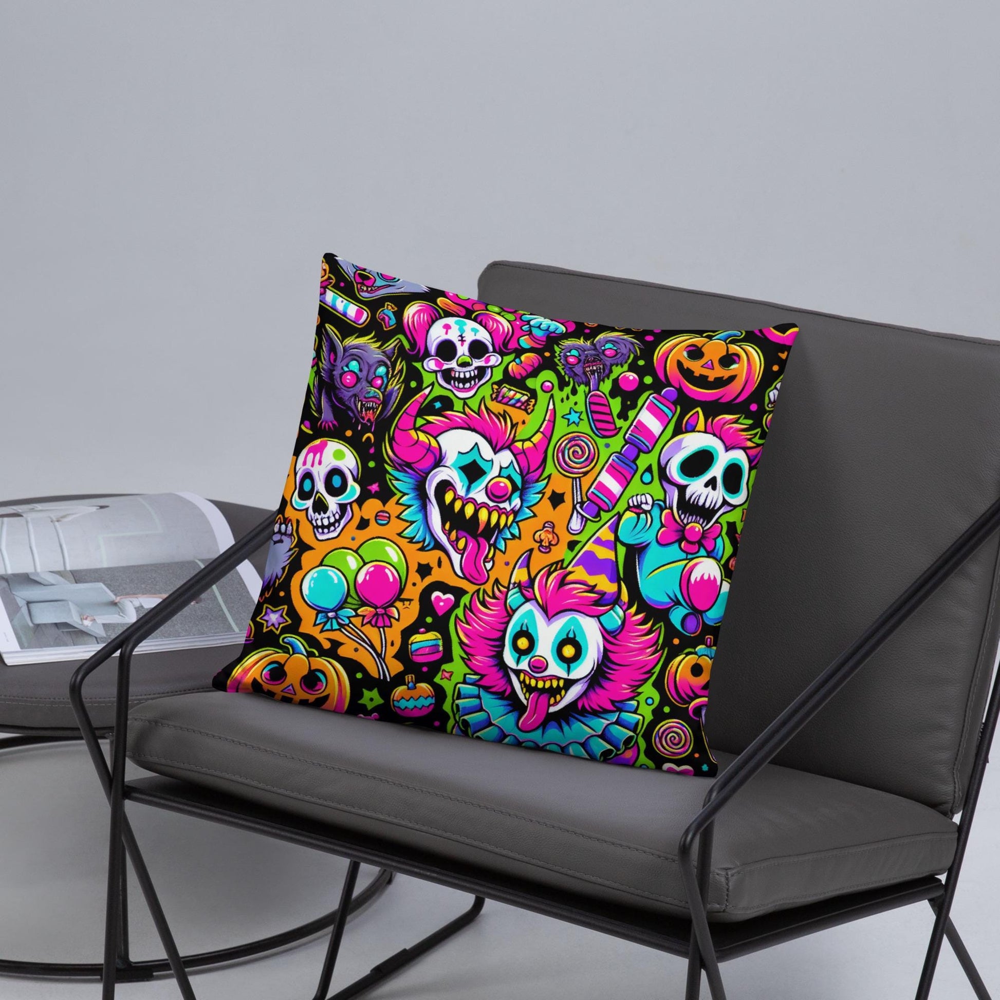 Creepy Candy Goth Clowns Horror Throw Pillow Bubble Gore Neon Goth Weirdcore Decorative Pillow