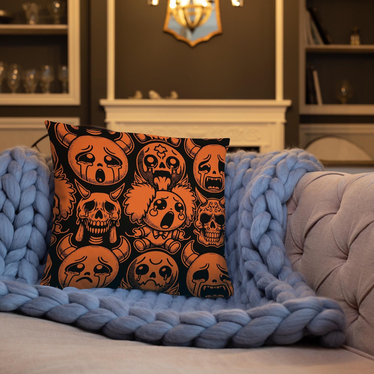 Creepy Cute Orange and Black Clown Ghosts Throw Pillow Grunge Goth Halloween Room Decor Decorative Pillow