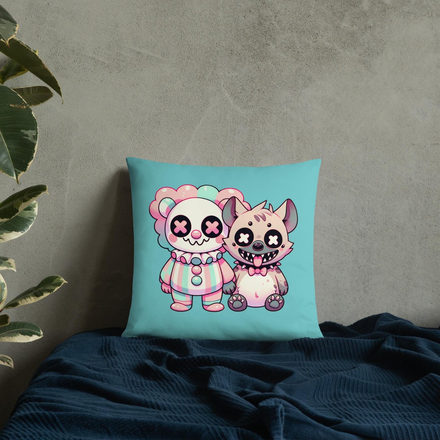 Weirdcore Clown and Hyena Throw Pillow Creepy Cute Buddies Grunge Decor Pastel Decorative Pillow