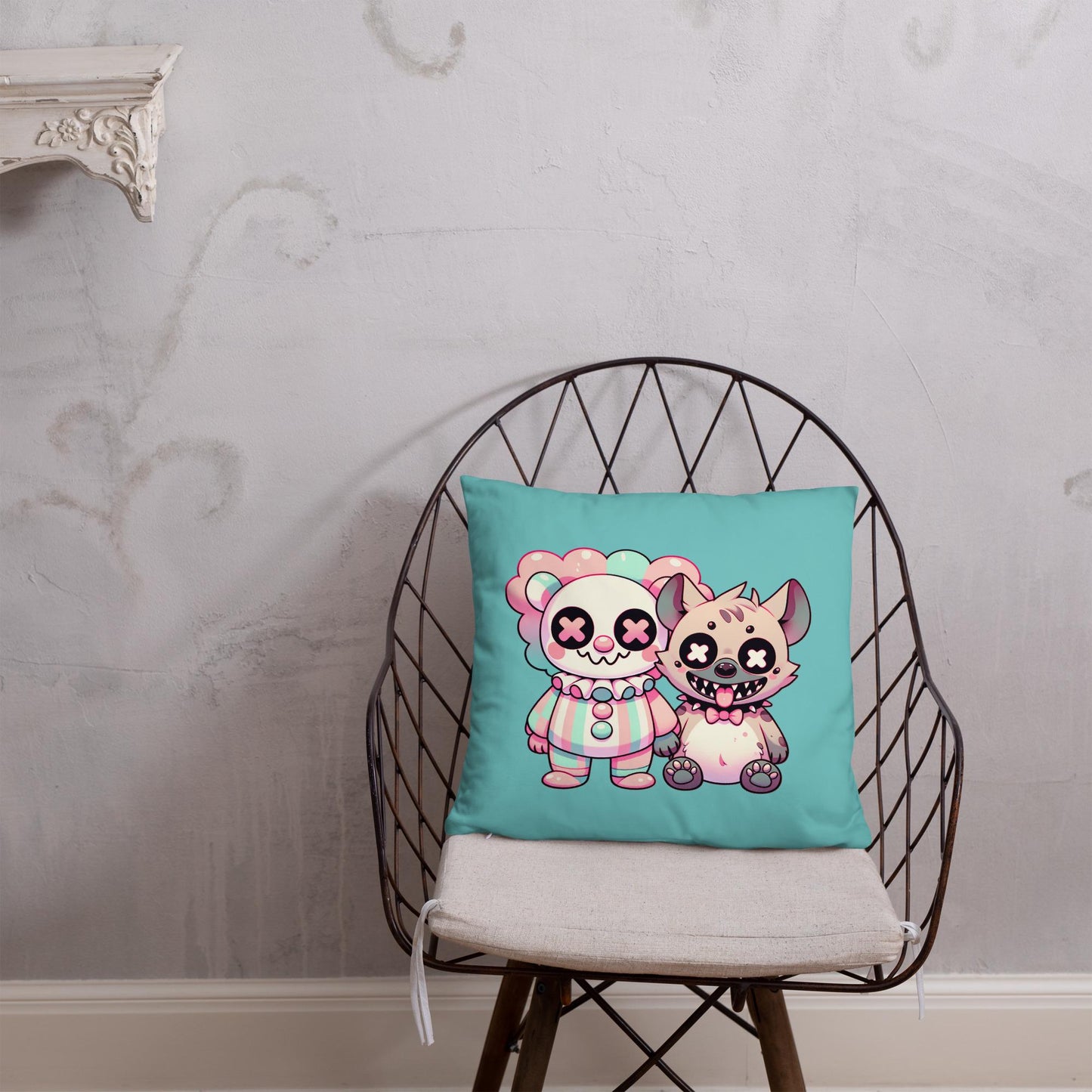 Weirdcore Clown and Hyena Throw Pillow Creepy Cute Buddies Grunge Decor Pastel Decorative Pillow