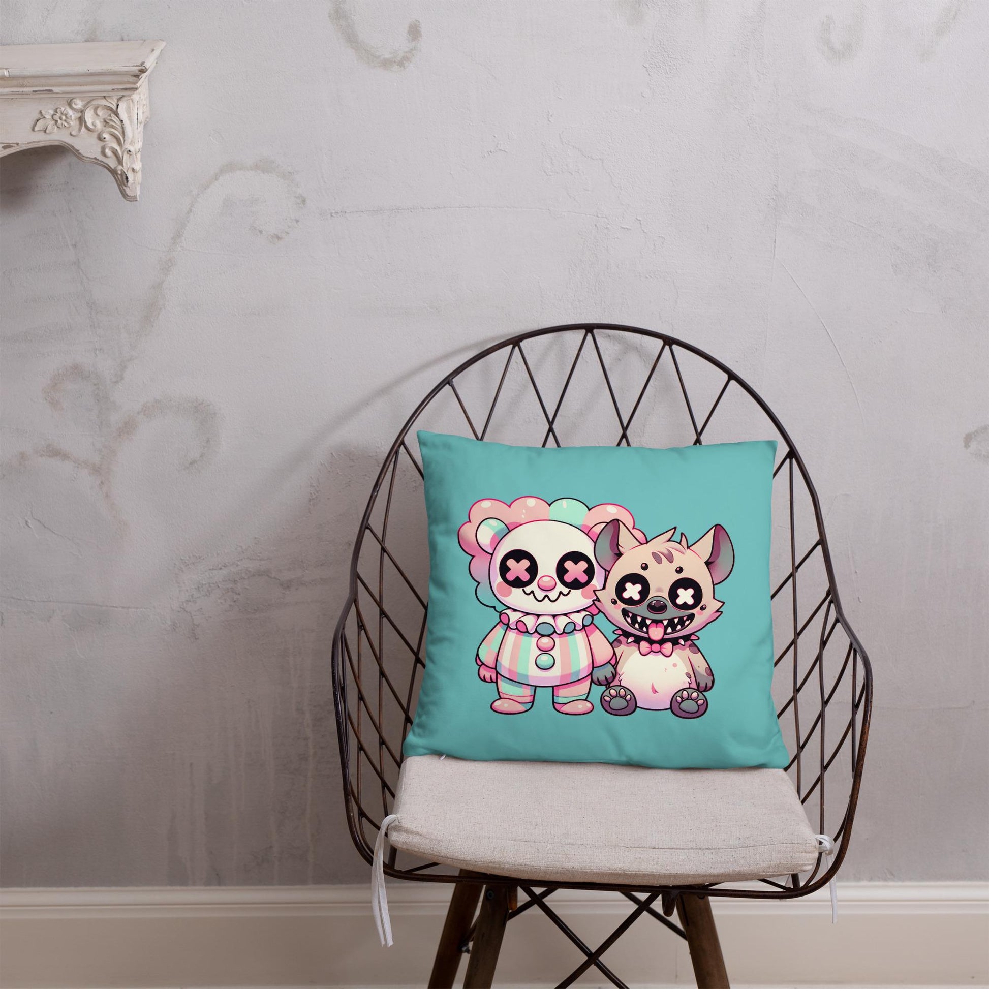 Weirdcore Clown and Hyena Throw Pillow Creepy Cute Buddies Grunge Decor Pastel Decorative Pillow