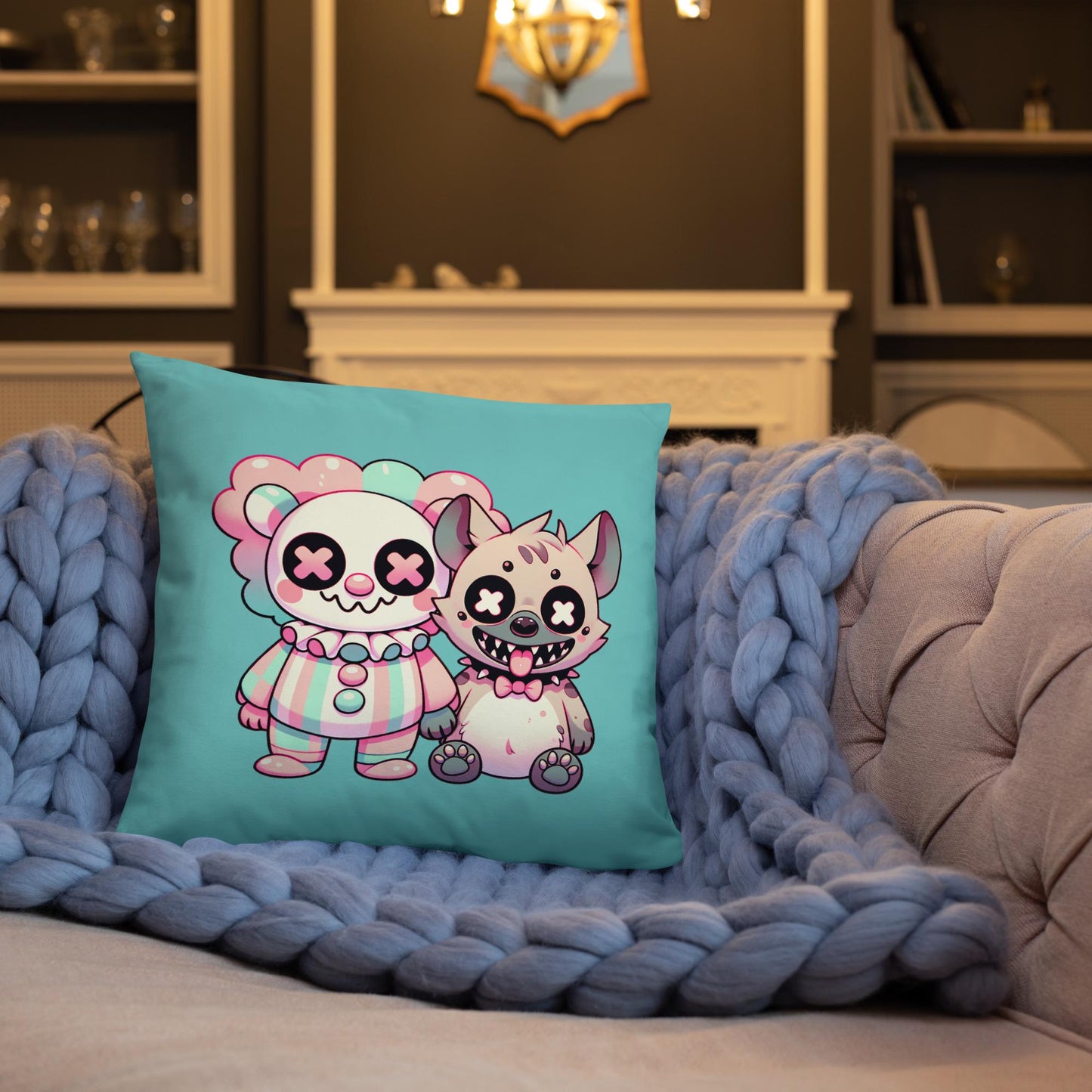Weirdcore Clown and Hyena Throw Pillow Creepy Cute Buddies Grunge Decor Pastel Decorative Pillow