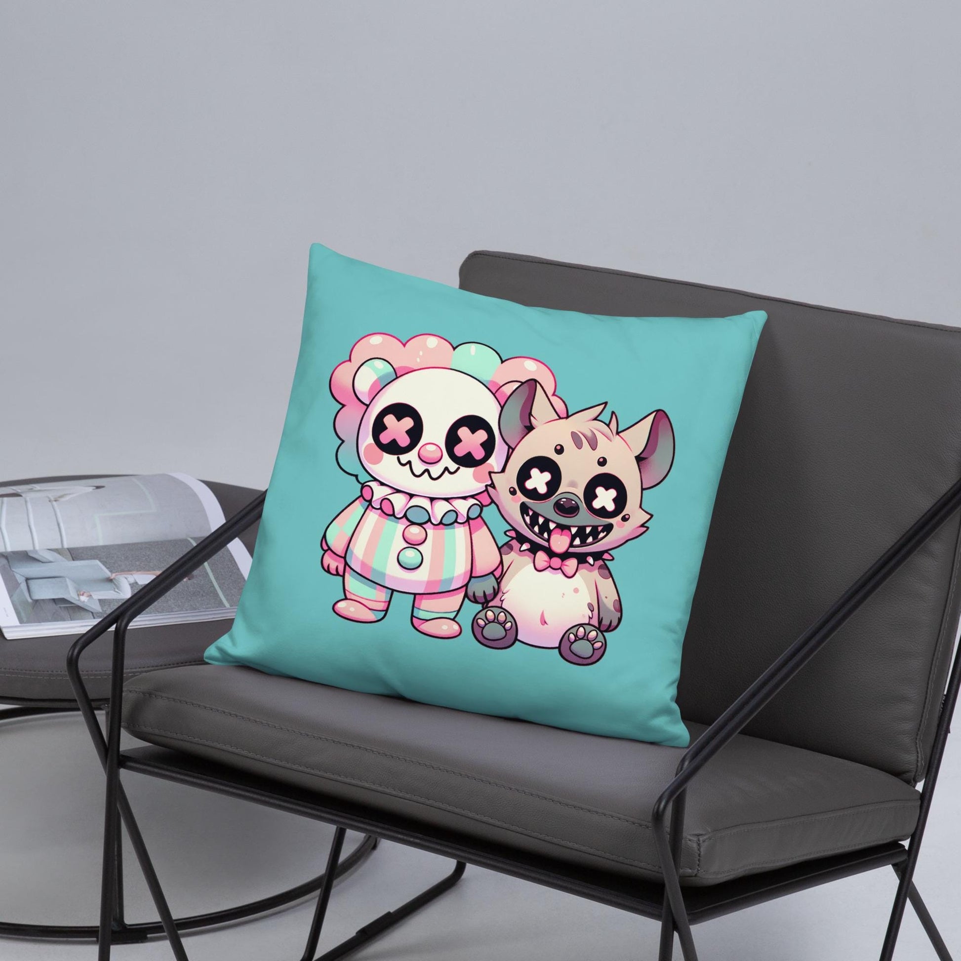 Weirdcore Clown and Hyena Throw Pillow Creepy Cute Buddies Grunge Decor Pastel Decorative Pillow
