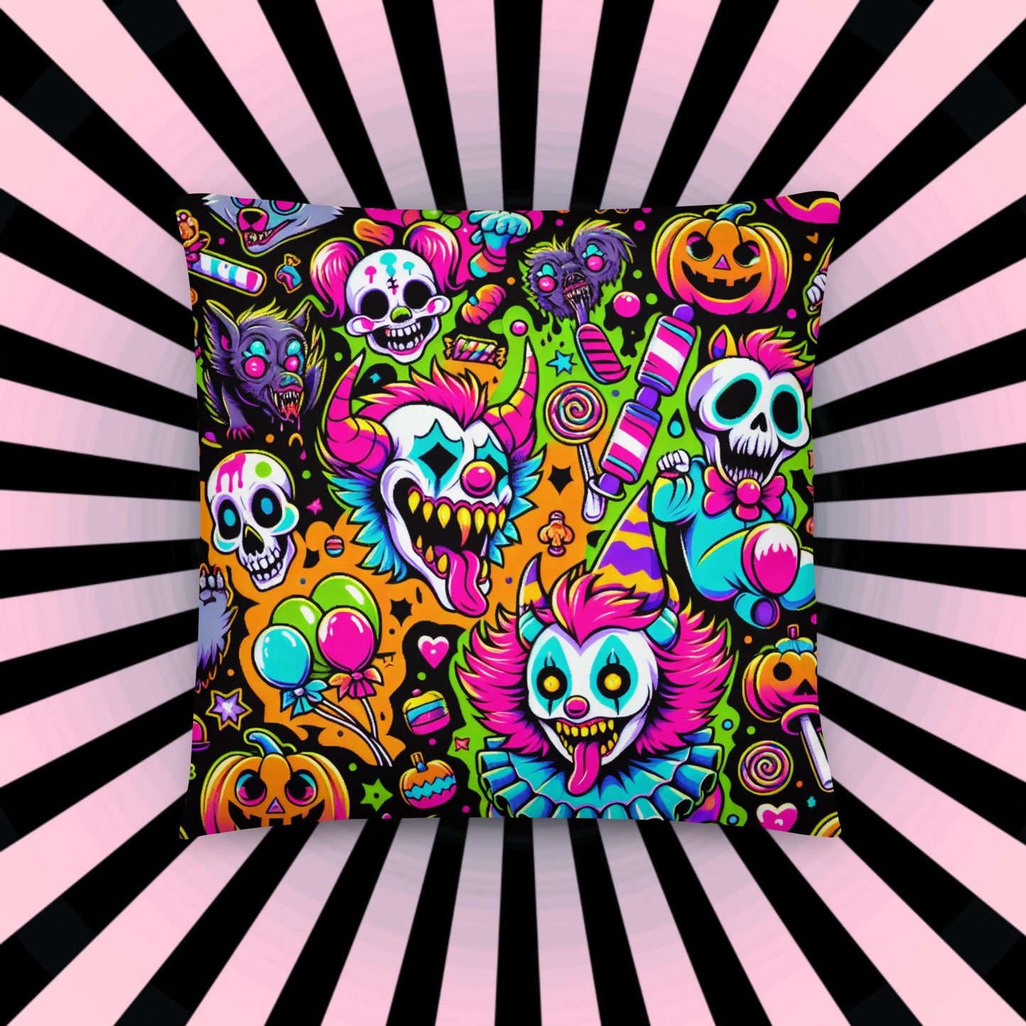 Creepy Candy Goth Clowns Horror Throw Pillow Bubble Gore Neon Goth Weirdcore Decorative Pillow