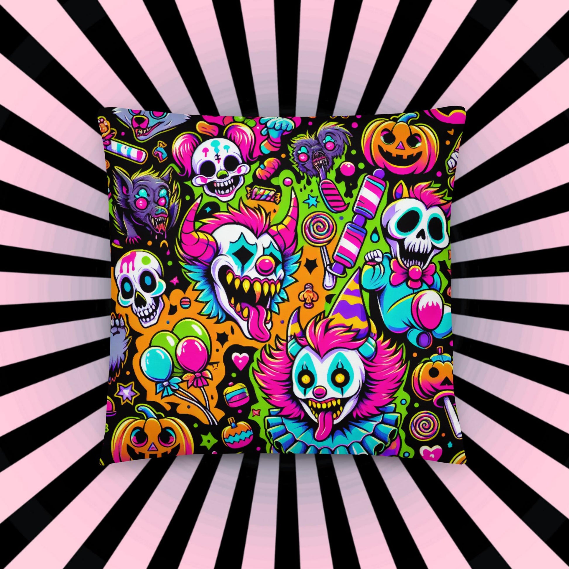 Creepy Candy Goth Clowns Horror Throw Pillow Bubble Gore Neon Goth Weirdcore Decorative Pillow