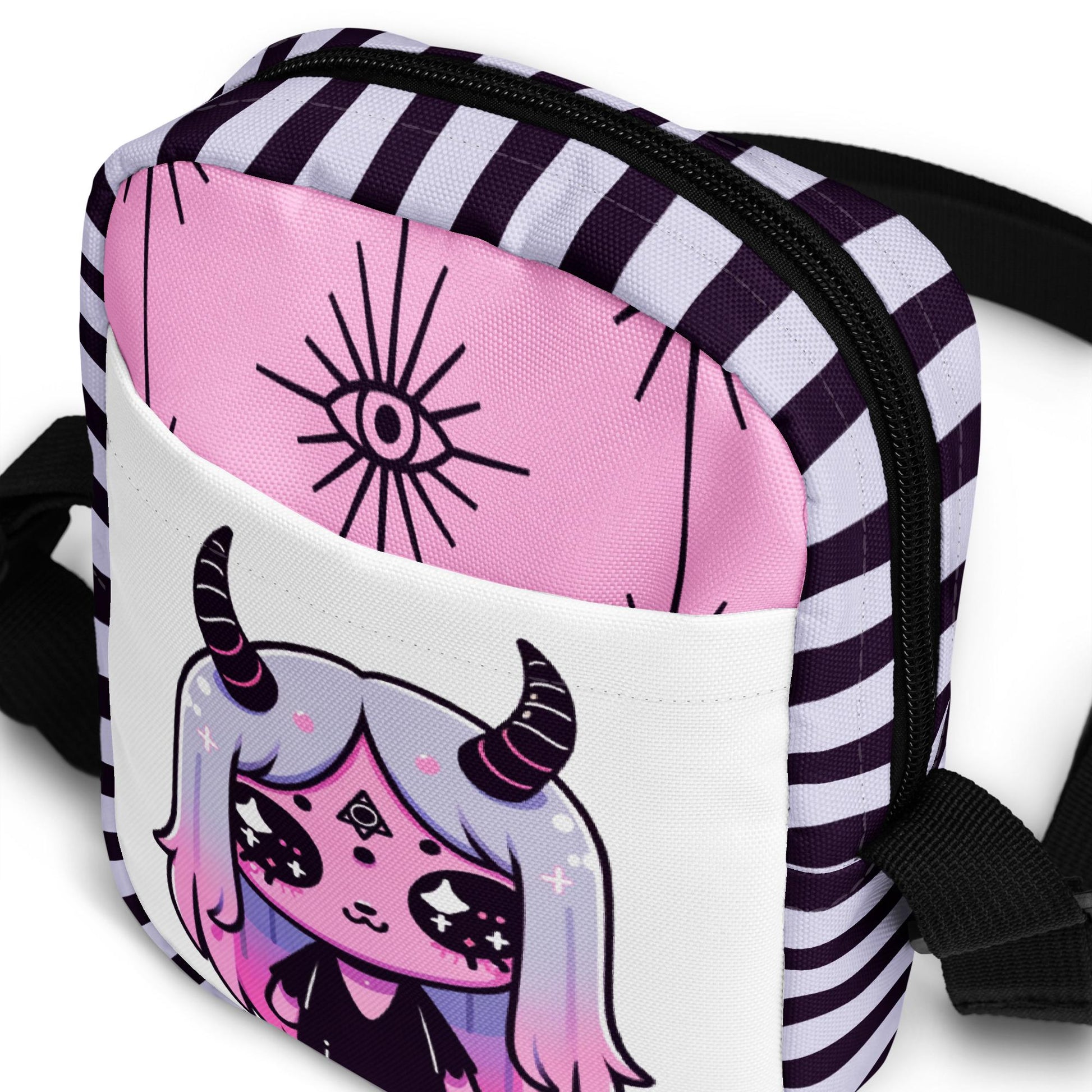 Creepy Cute Demon Girl Crossbody Bag Pastel Goth Grunge Evil Eye Pattern Back Should Sling Bag Purse