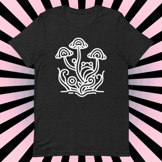 Mushroom Shirt, Whimsigoth Line Drawing, Frog Shirt, Mushrooms and Frog Tee Cottagecore Tee
